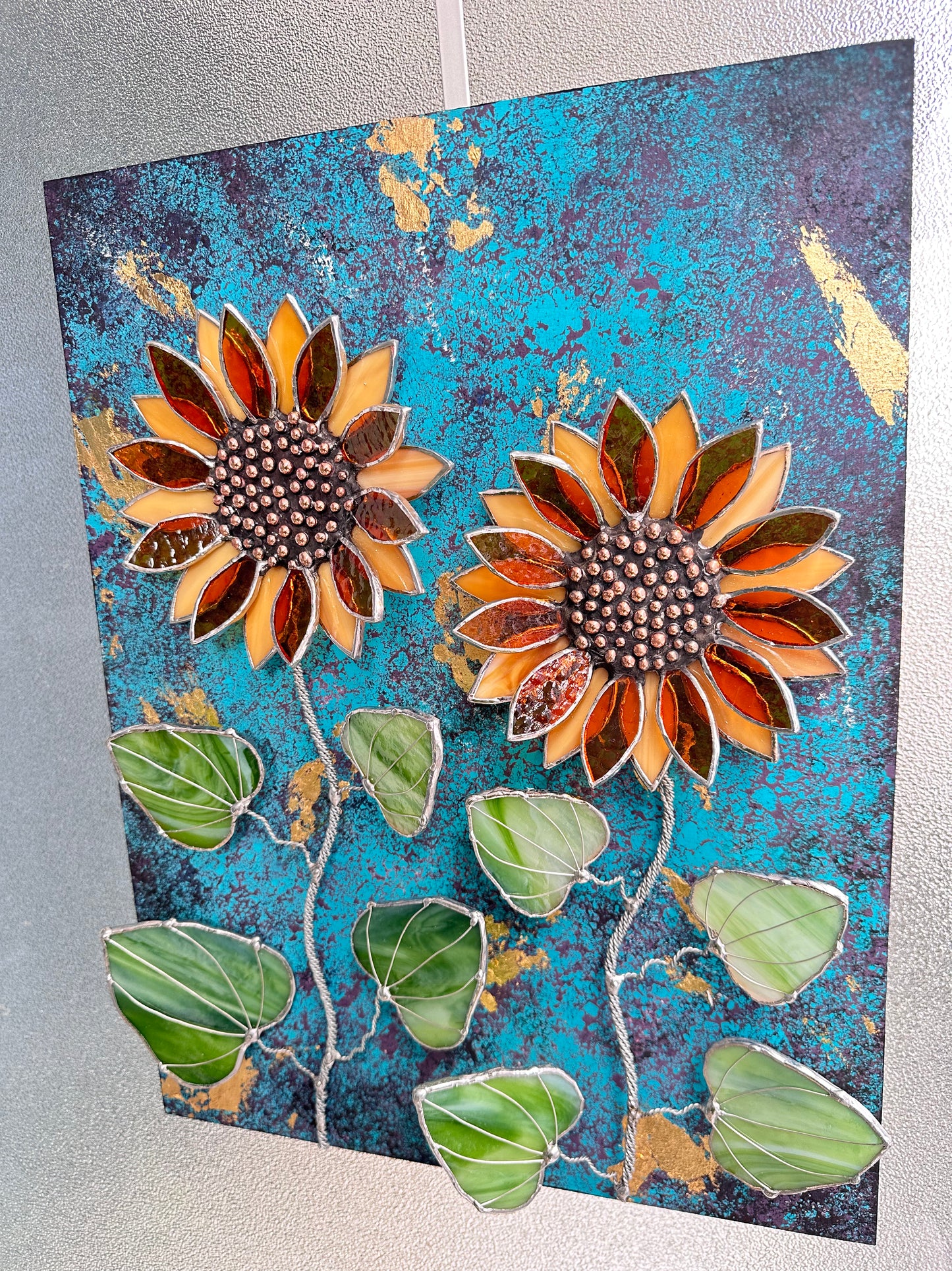 ".Acrylic painting with stained glass 3D flowers  Midnight Sunflowers" wall decor Art, Wedding, Christmas, gift  Succulents