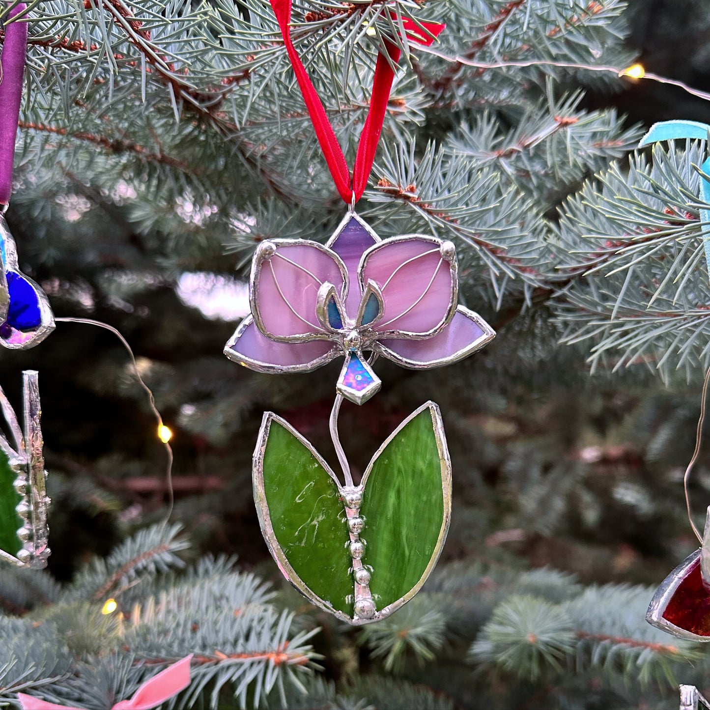 Christmas tree ornaments Orchid with leafs. Mix of 3, 5. Wall window decor, Stained glass  Holiday decorations  lights