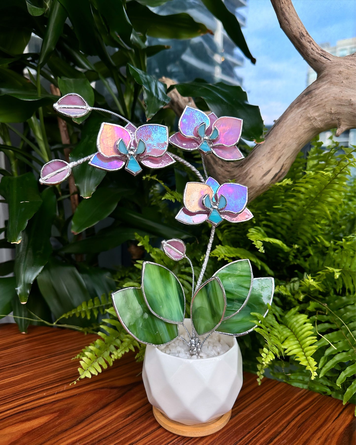 " . Candy Pink iridescent Orchid 3 flowers with pot” Stained glass tropical flower 3D, Sun catcher, Table plant, Garden stick, Outdoor and gardening decor