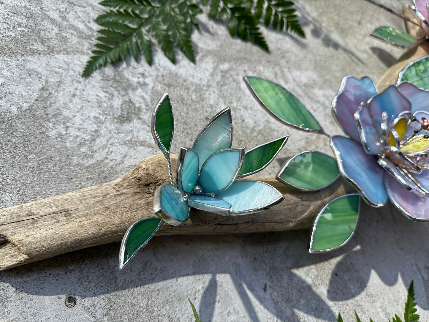 .Peonies Stained Glass Driftwood Wall Decor Suncatcher