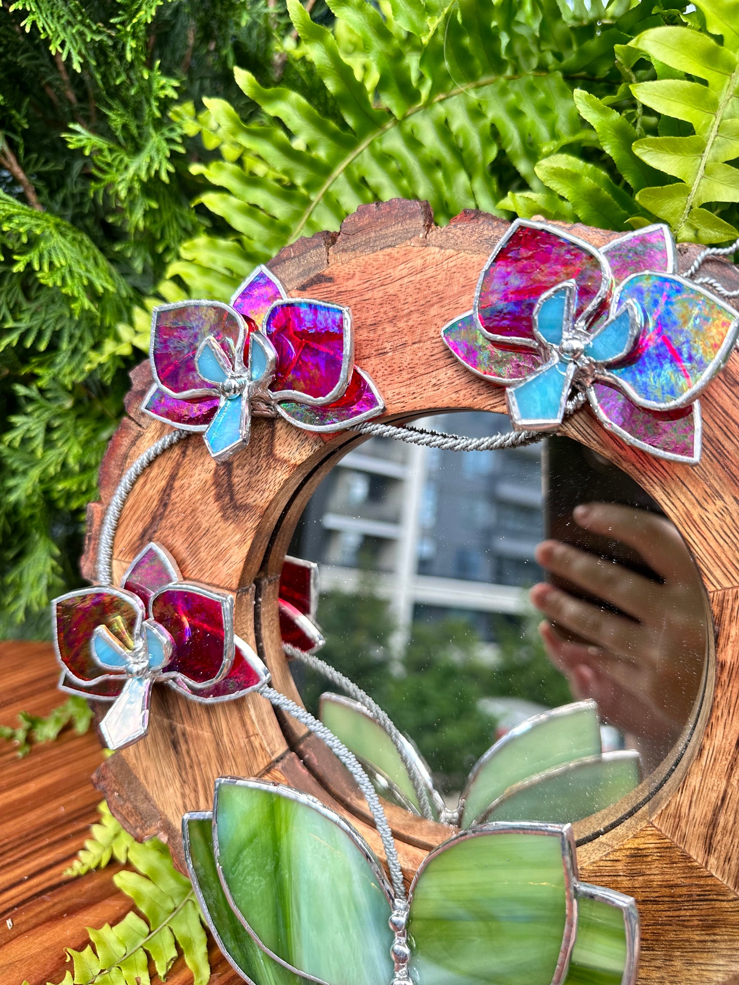 ". Red transparent iridescent Orchid Mirror" Stained glass flower Wall decor.  Sun catcher Wooden frame Home wedding Decor Art. Christmas gift