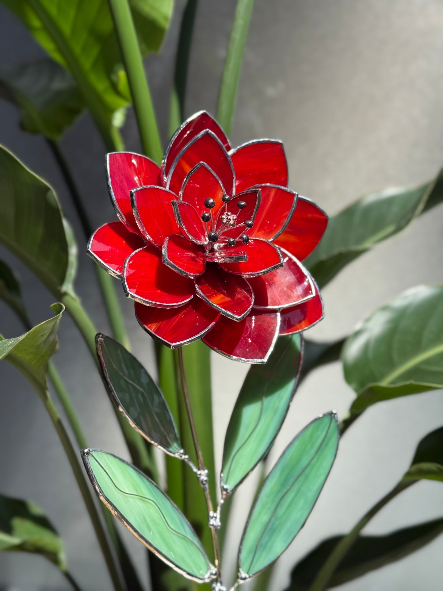 .Amber Red Peony Stained glass flower 3D Botanical Table Plant Decor new