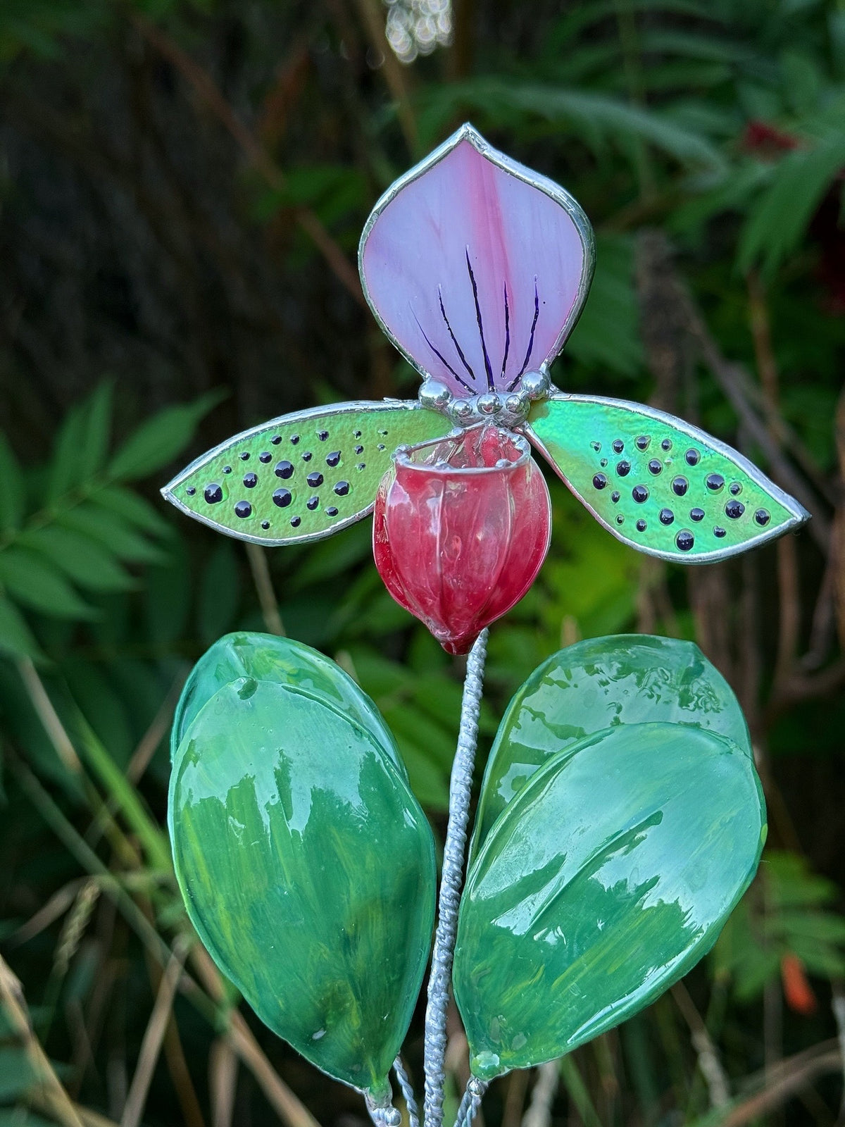 Lady’s Slipper Orchid, Handpainted Artificial Flower With Resin Leaves, Botanical Art Stained glass