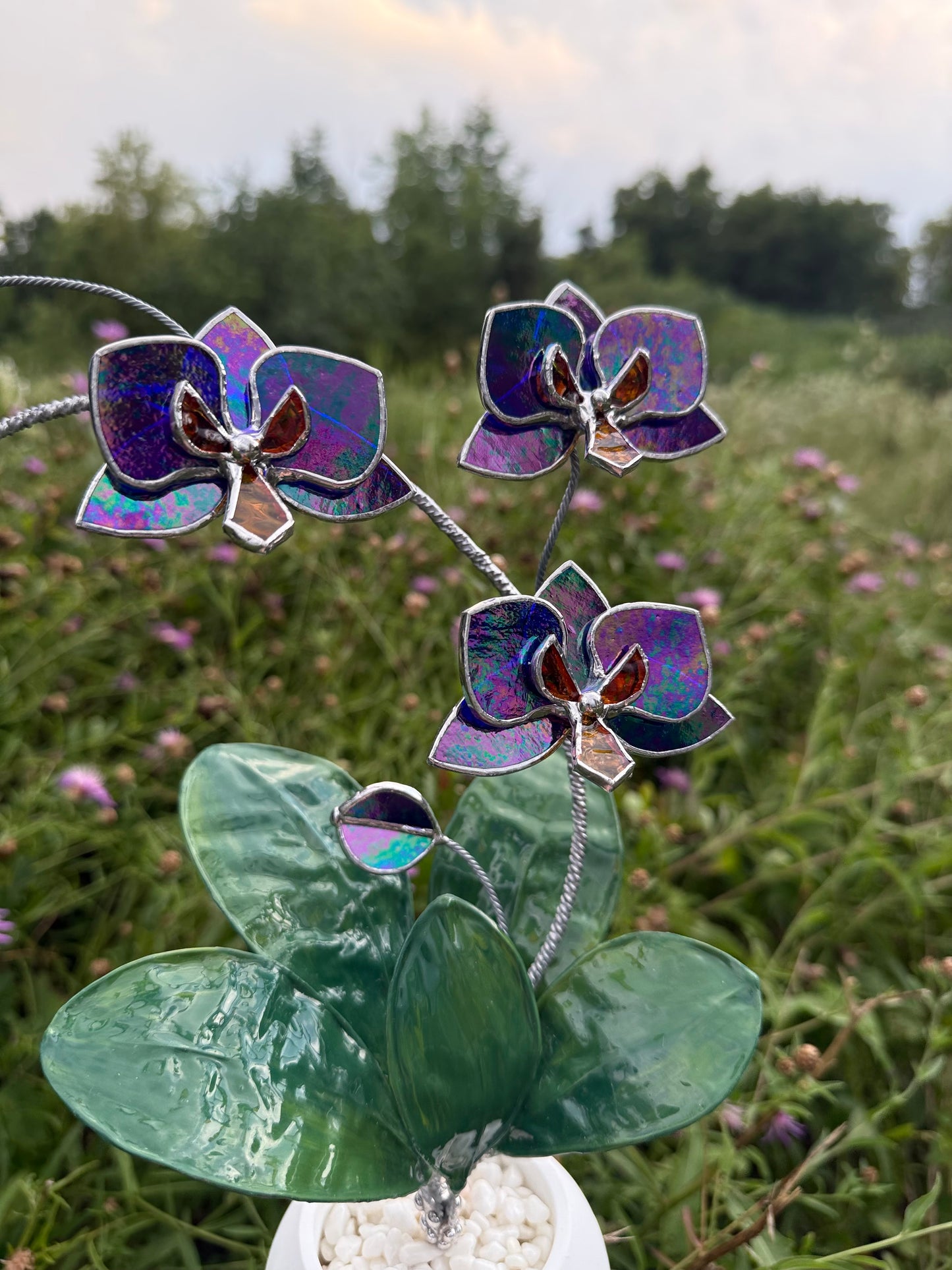 Orchid Indigo Iridescent Stained Glass WITH Hand Painted RESIN LEAVES, 3 Flowers, Botanical Table Decor