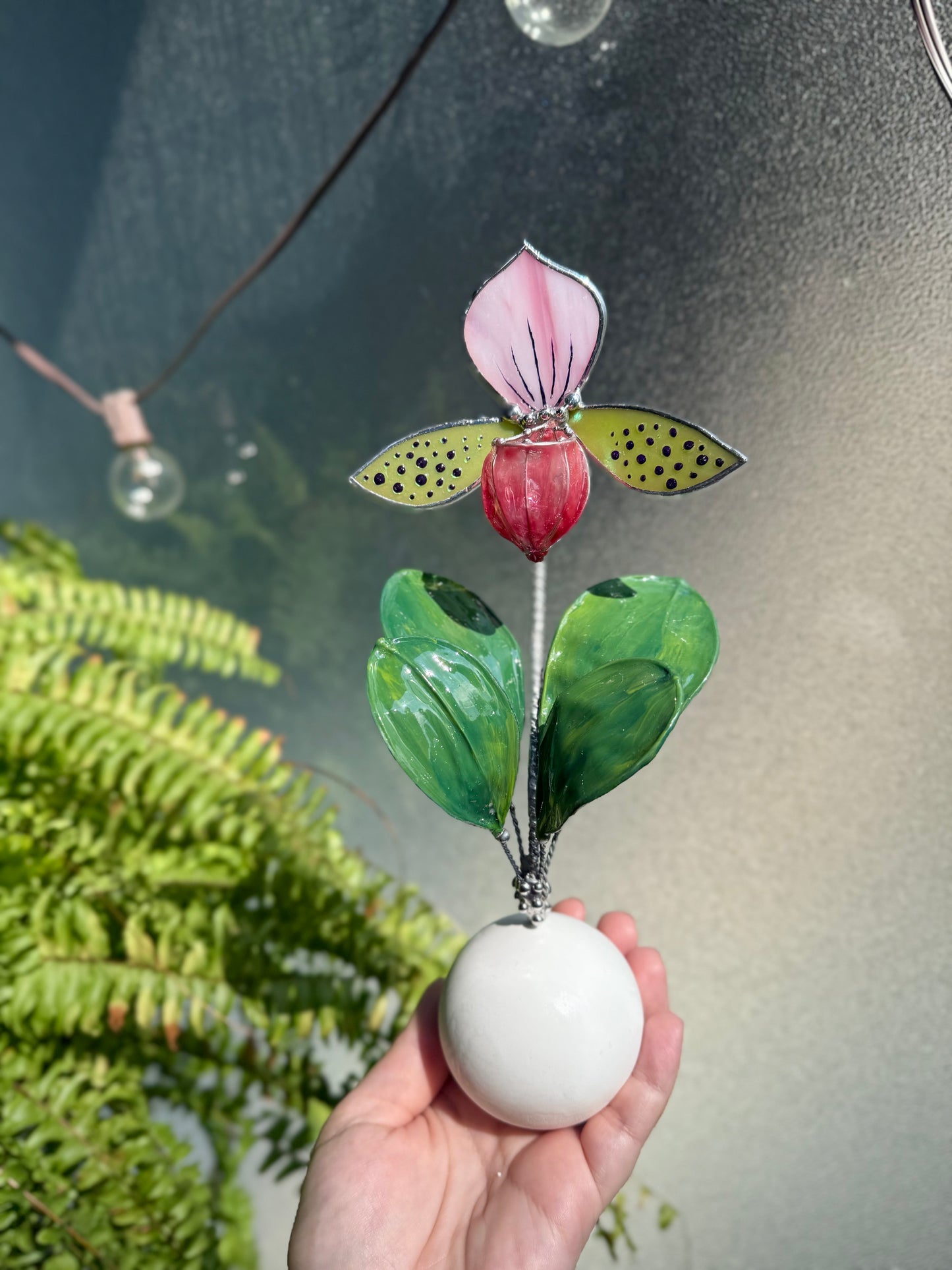 Lady’s Slipper Orchid, Handpainted Artificial Flower With Resin Leaves, Botanical Art Stained glass