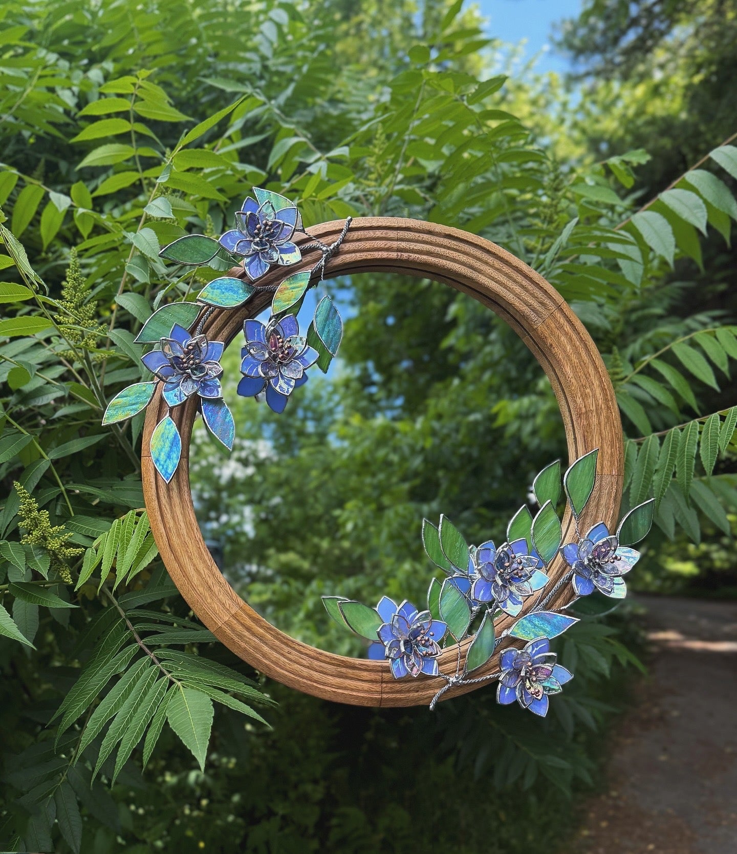 .Blue Wildflowers Stained glass Wall Mirror, 3D Botanical Floral Art ready