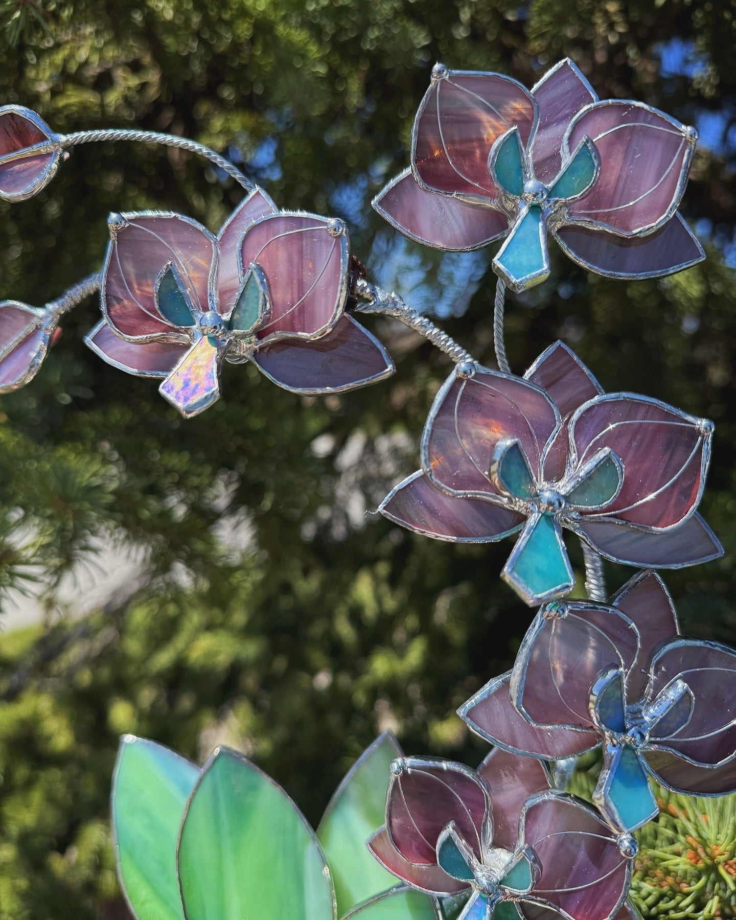 " . Dusty Rose translucent Orchid 5 flowers with pot" Stained glass tropical flower 3D, Sun catcher, Table plant, Garden stick, wedding decor, Christmas gift