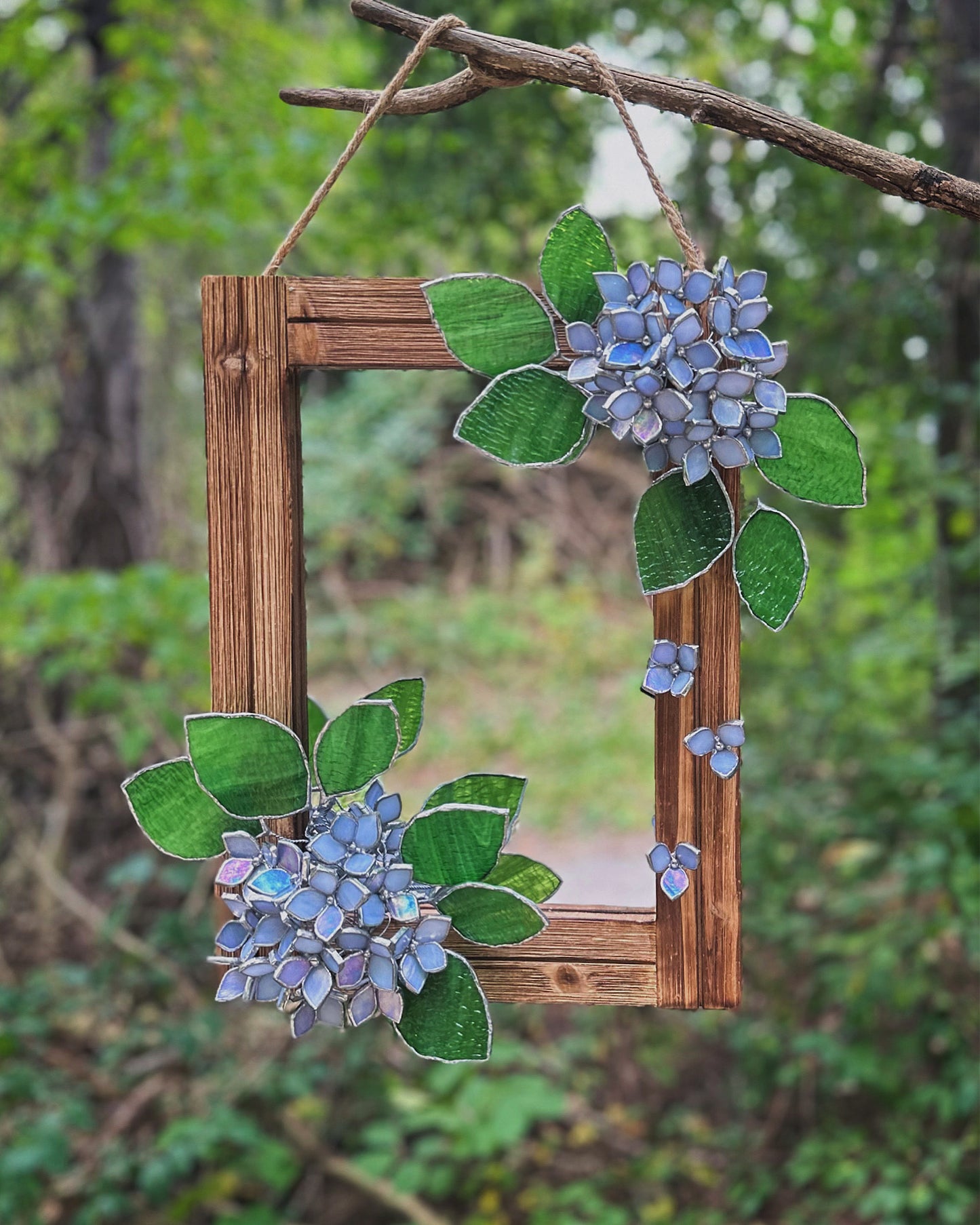 " . Blue lavender iridescent Hydrangea Flower Mirror, Stained glass Wedding Wall Decor, Christmas gift, Suncatcher