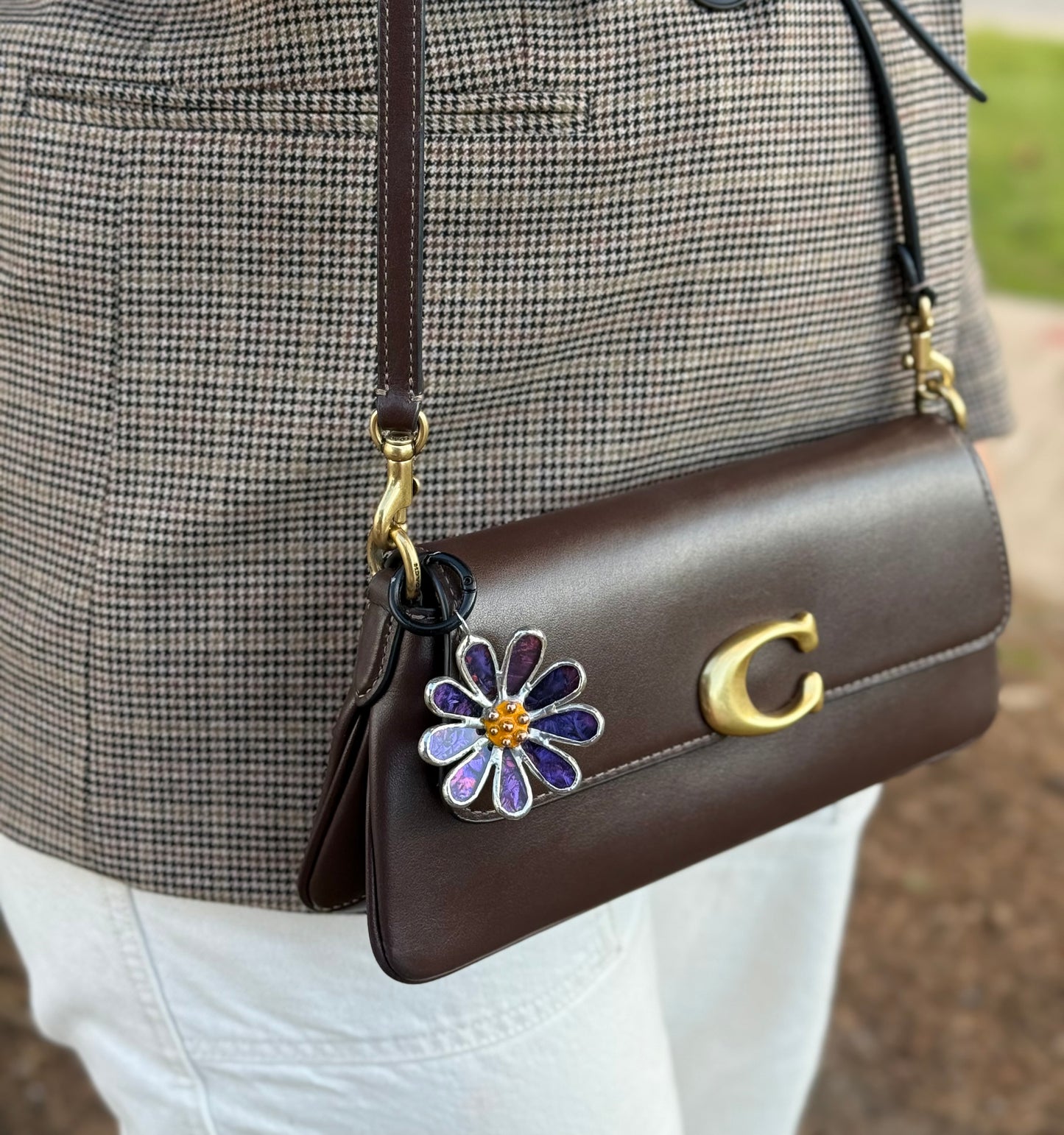 Daisy Purple & Pink Stained Glass Bag Charm Handmade Lead Free Accessories