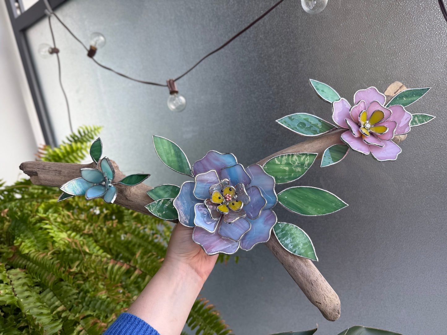 .Peonies Stained Glass Driftwood Wall Decor Suncatcher