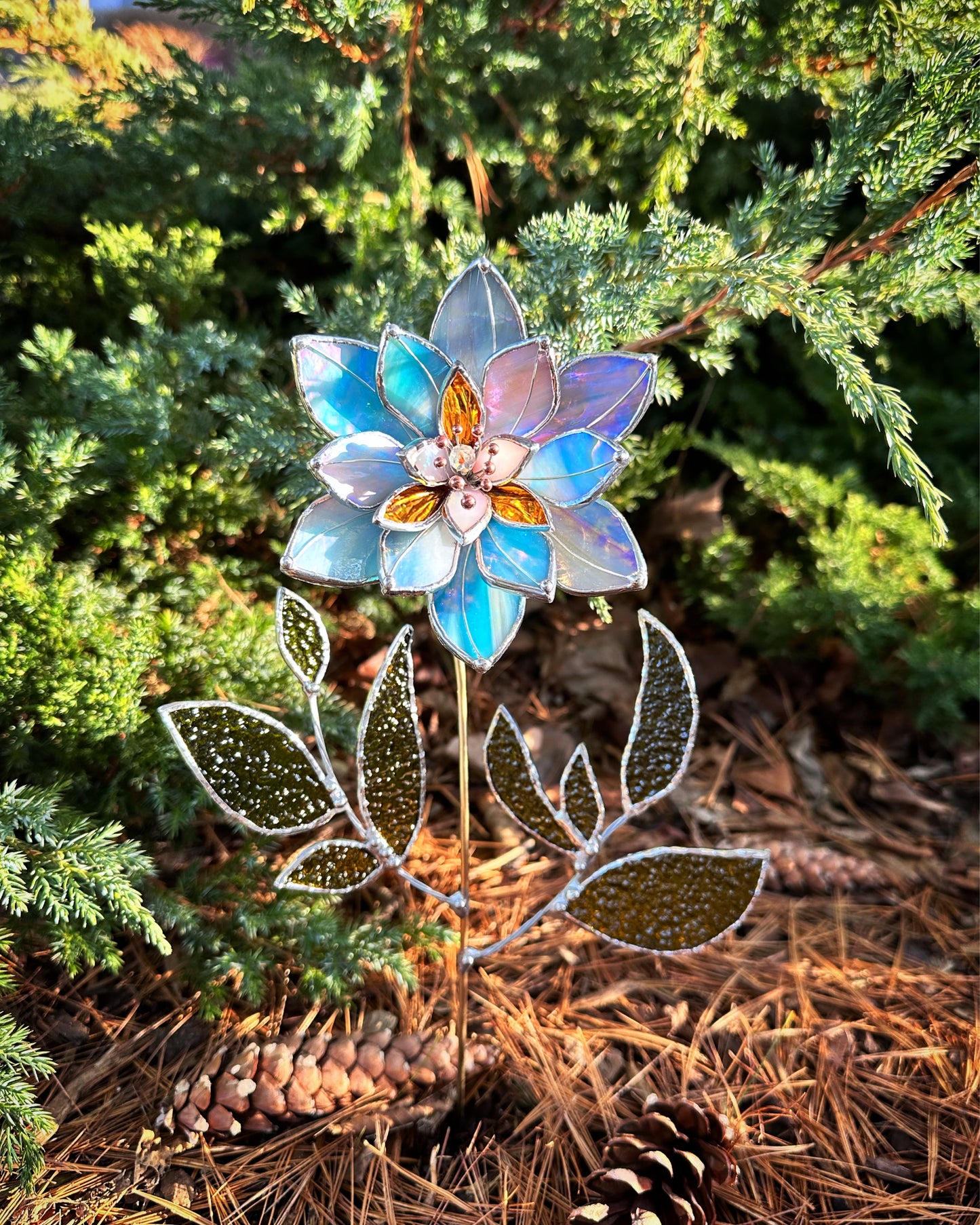 ".Lily Sky Blue & Lavender iridescent " Stained glass tropical flower 3D, Sun catcher, Table plant decor, Garden stake, wedding decor, Christmas gift