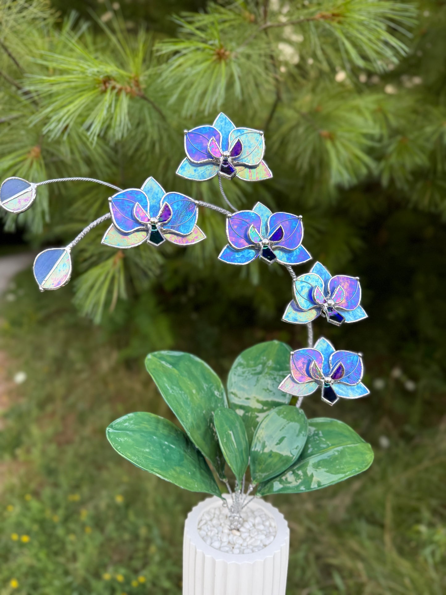 .Blue lavender Orchid, WITH RESIN LEAVES, 5 Flowers, Handmade Stained Glass Botanical Art Decor