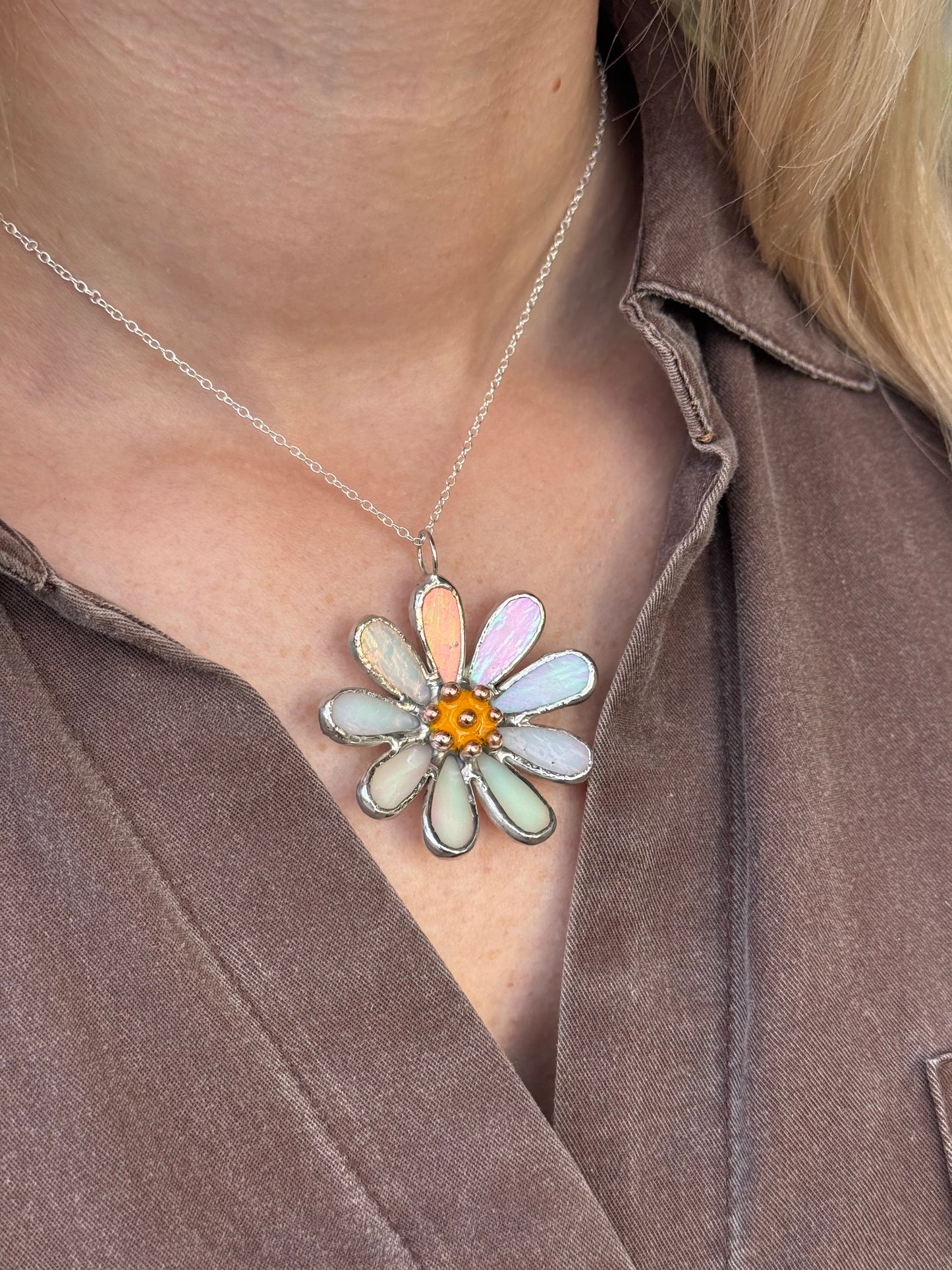 Daisy White Pearl Iridescent L S sizes, Stained Glass Necklace or Brooch, Handmade Botanical Jewelry