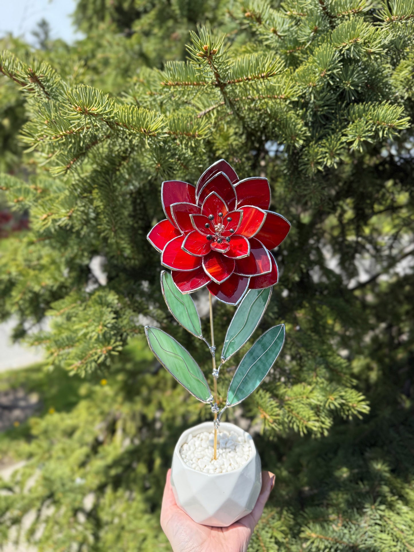 .Amber Red Peony Stained glass flower 3D Botanical Table Plant Decor new
