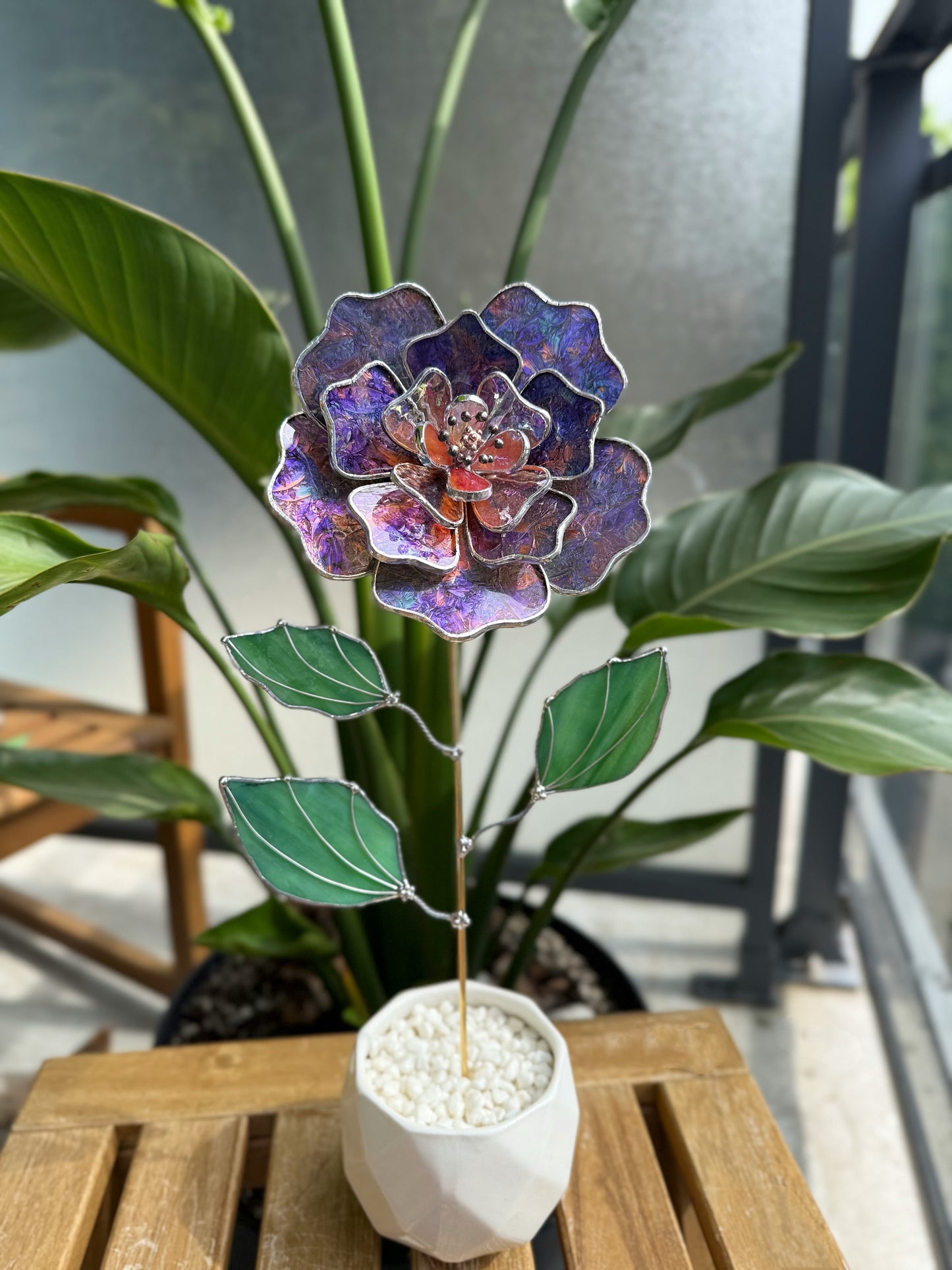 .Multicolor Peony Stained glass flower 3D Botanical Table Plant Decor new