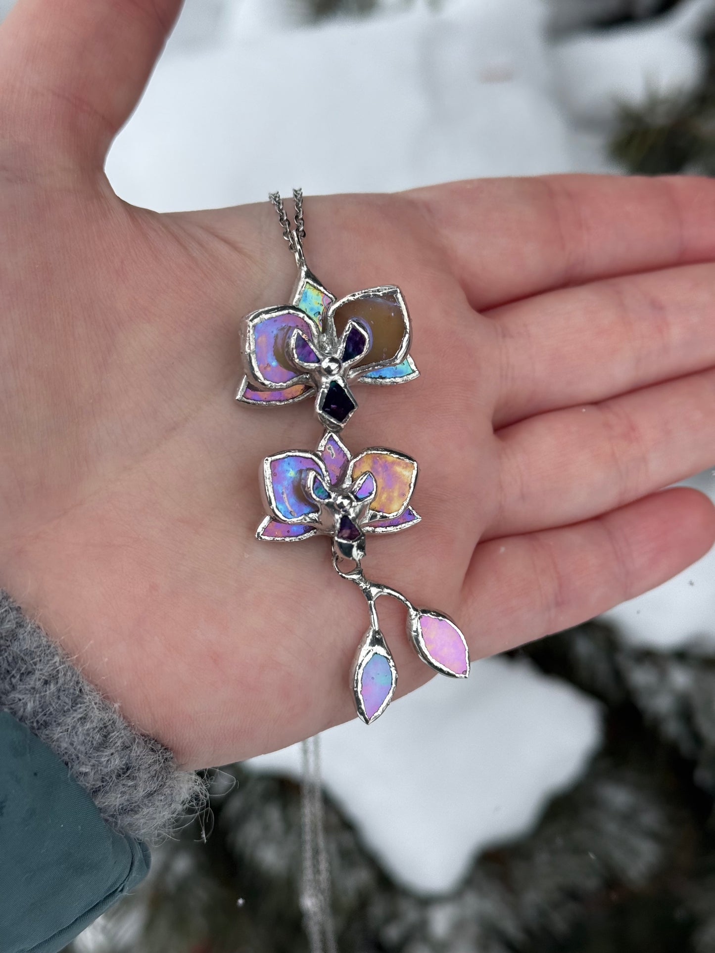 " . Necklace Orchid 2 flowers with buds Beige iridescent” Stained glass tropical flower 3D, art jewelry