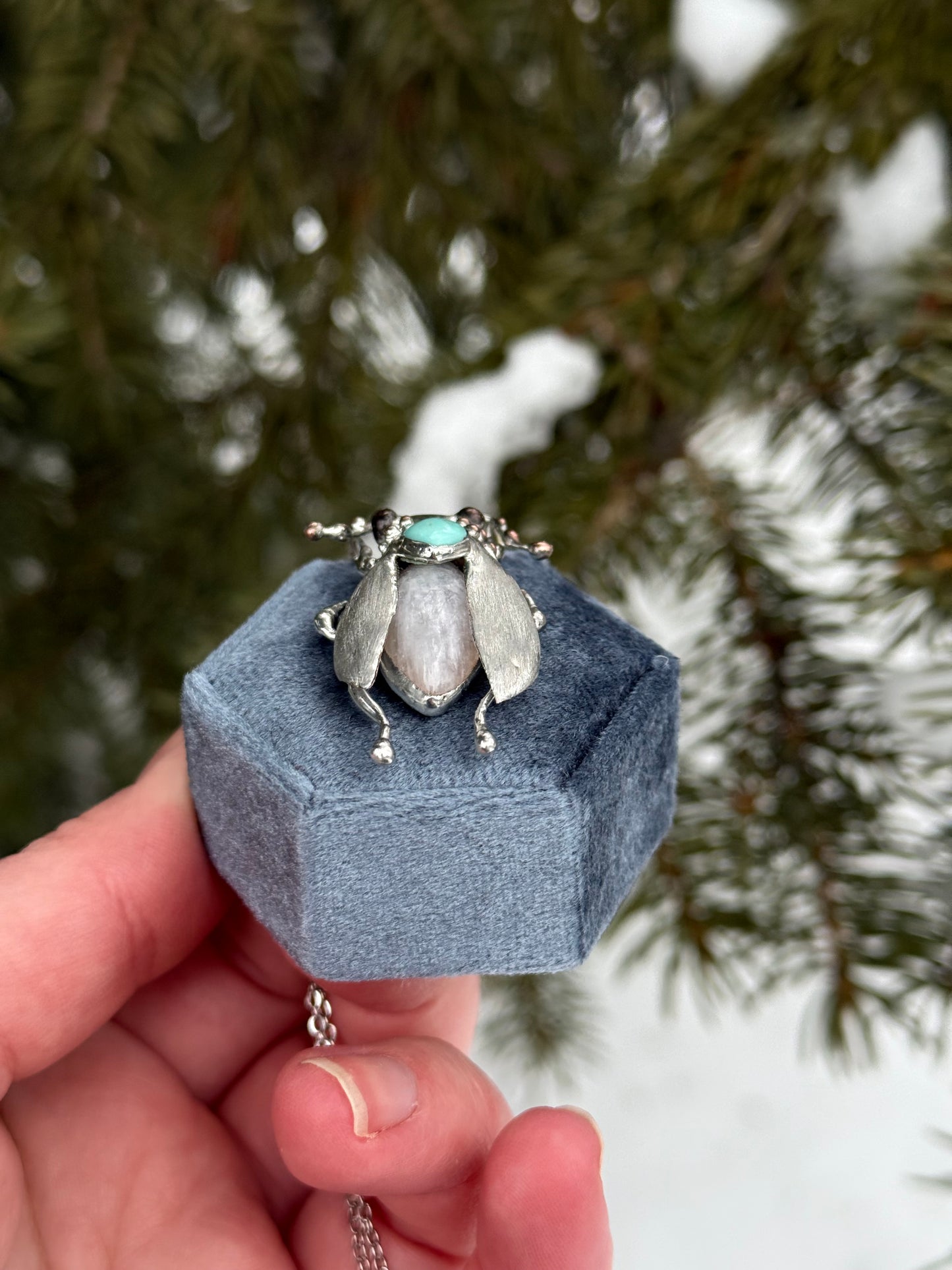 " . Bug necklace Moon Cicada with Blue Turquoise & Moonstone”, art jewelry pendant 3D wedding jewelry Mother’s Day gift