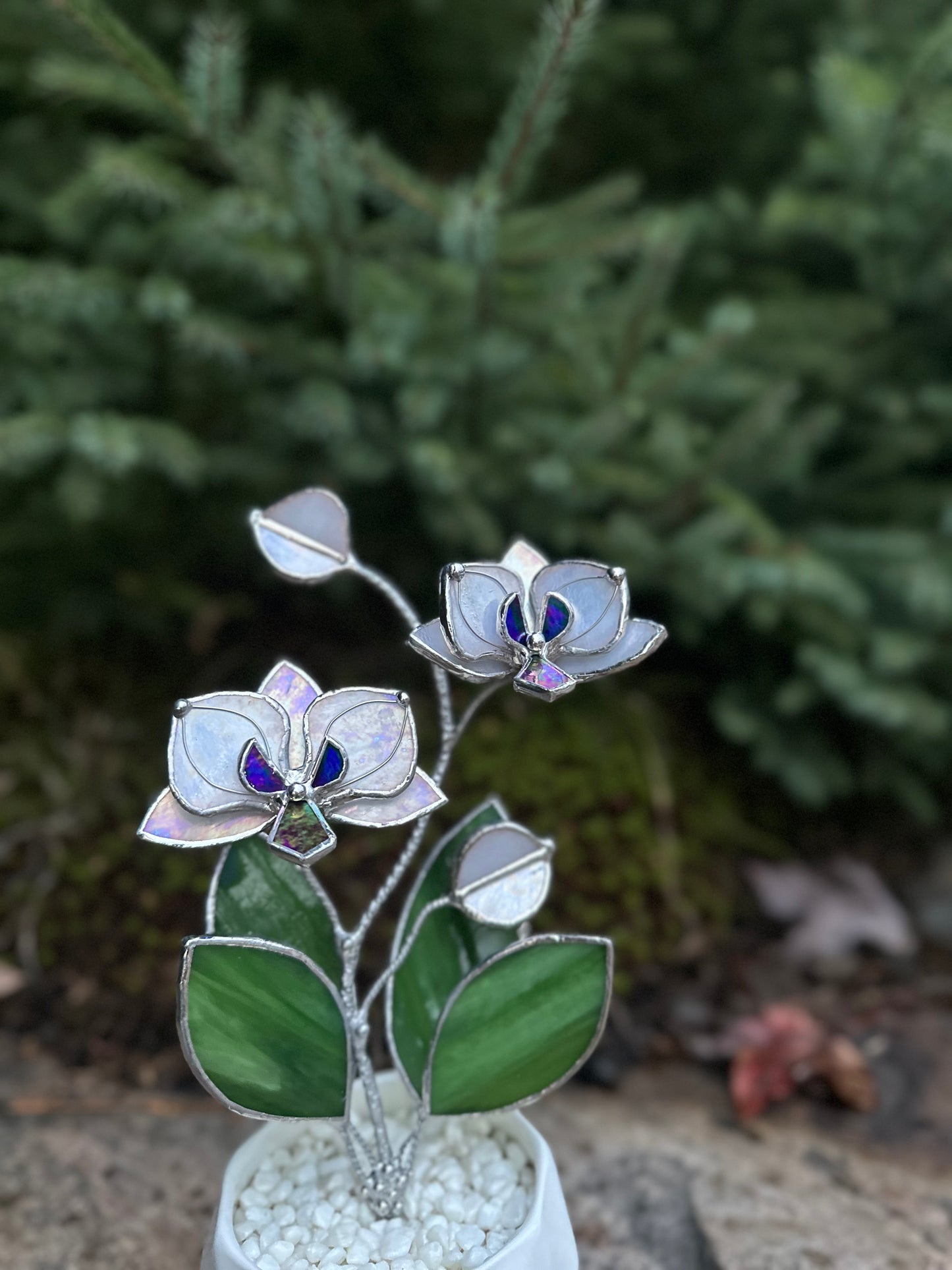 " . Orchid White Pearl iridescent, 2 flowers with pot” Stained glass tropical flower 3D, Sun catcher, Table plant decor, Garden stick, Outdoor and gardening decor