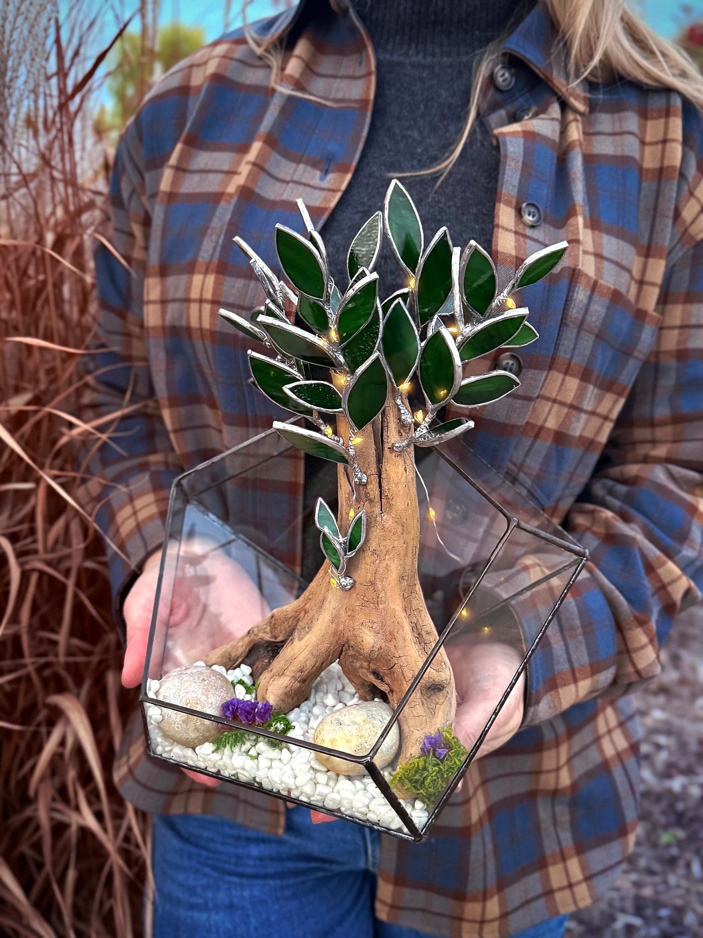 "  . Geometric glass terrarium with bonsai with glass leaves and lights”, Table decor, Christmas gift