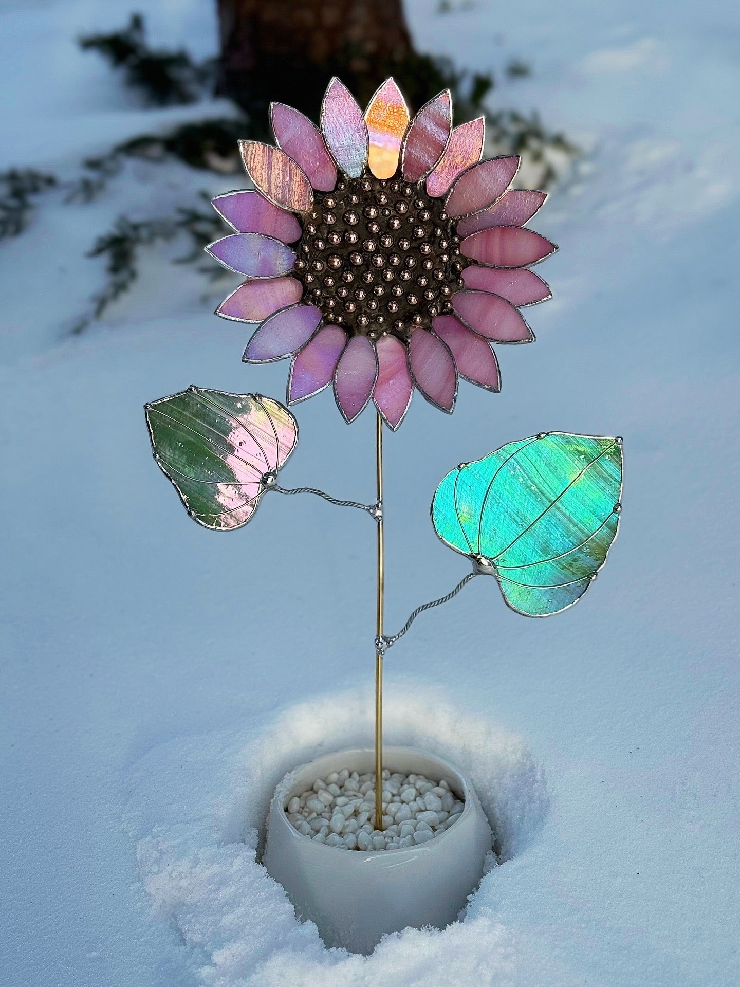 "  . Sunflower Delicate Pink irid ", stained glass tropical flower 3D, Sun catcher, Table plant decor, Garden stake, Outdoor and gardening, wedding Christmas gift