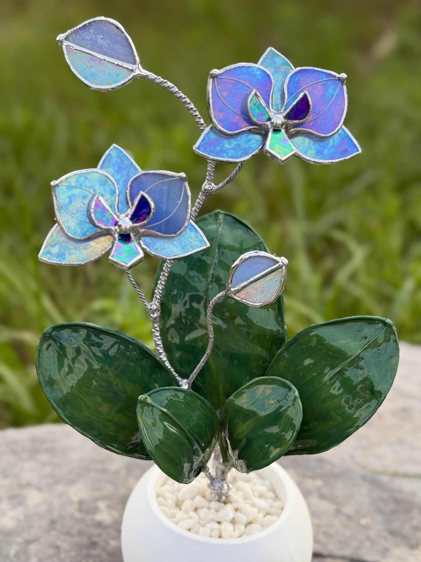 Orchid Blue lavender WITH RESIN Hand painted LEAVES Stained Glass 2 flowers in a Pot, Botanical Art Sculpture