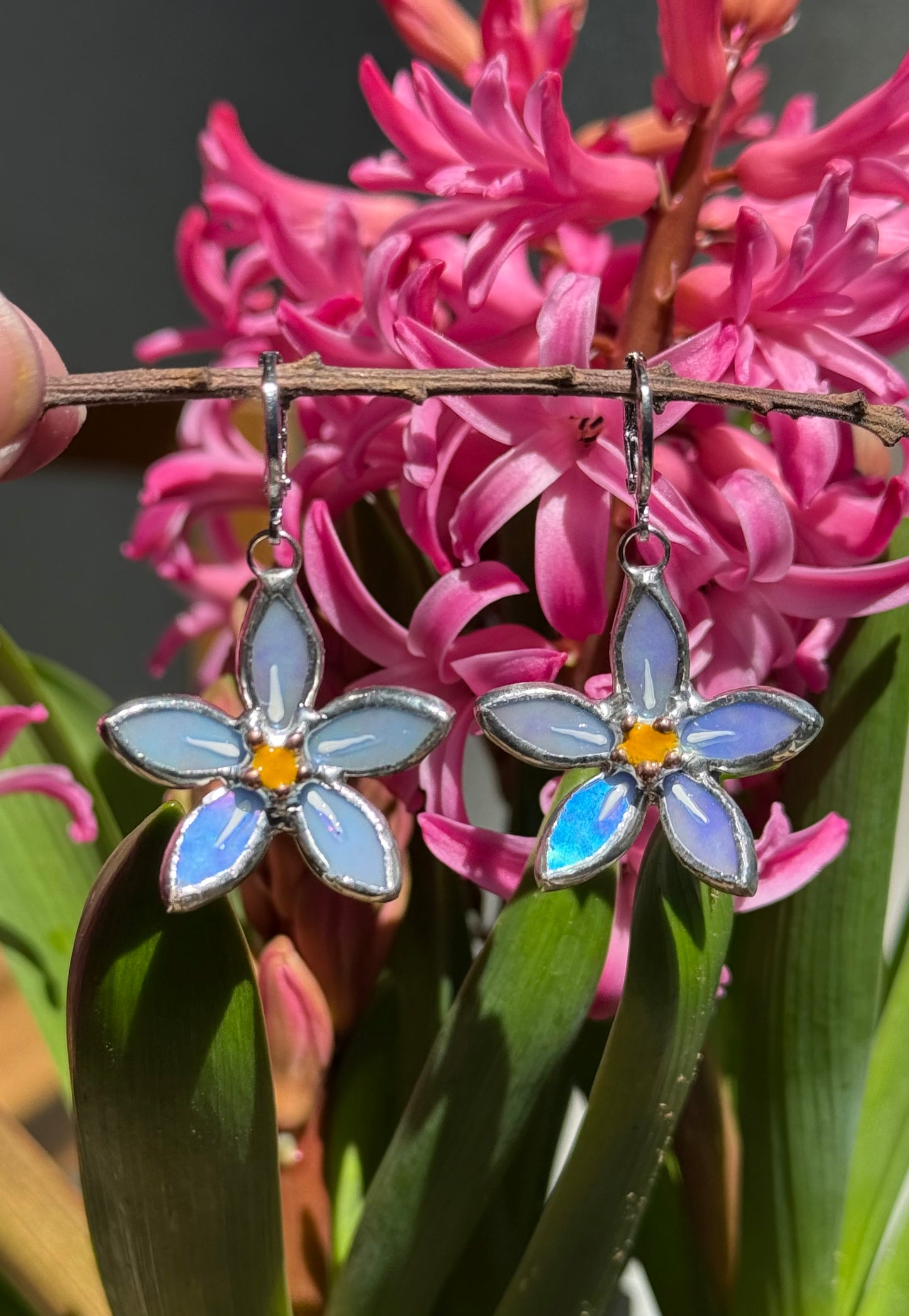 Forget Me Not Earrings Sky Blue Iridescent Handcrafted Stained glass Botanical Art Jewelry