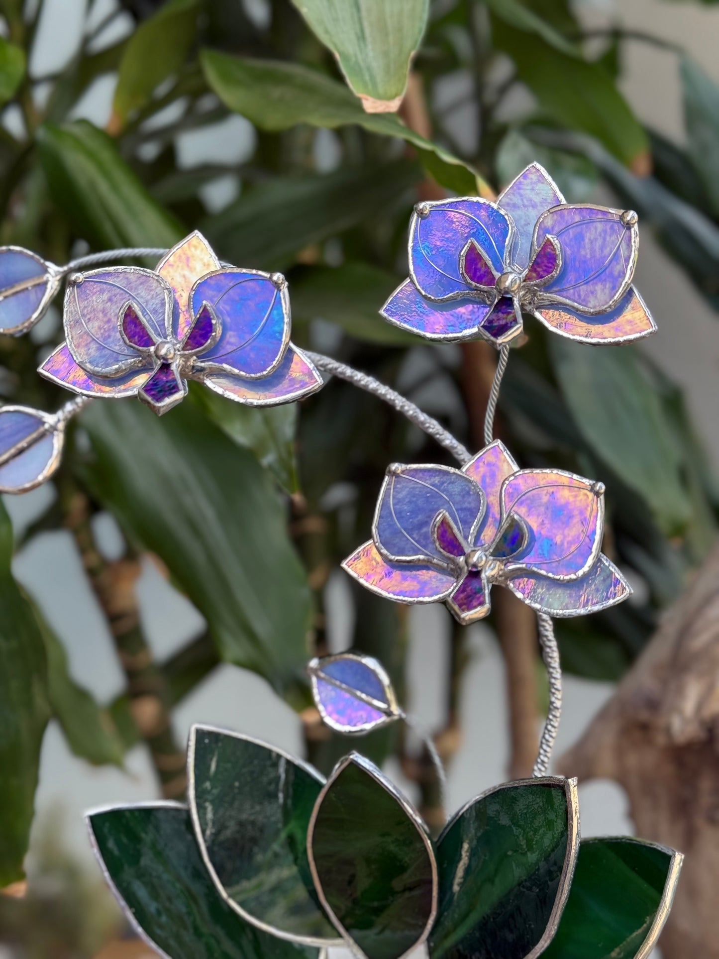 " . Blue lavender iridescent Orchid 3 flowers with pot” Stained glass tropical flower 3D, Sun catcher, Table plant, Garden stick, Outdoor and gardening decor available new
