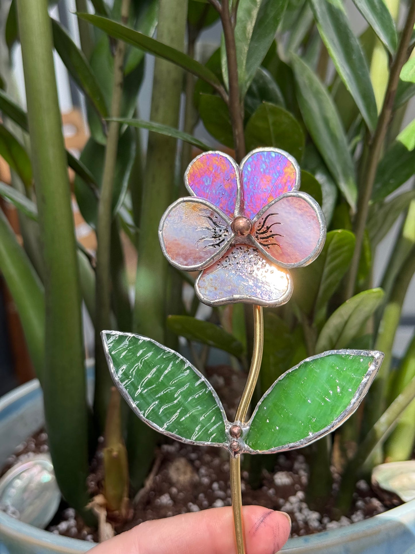 CHOOSE COLOR Pansy Flower Stake for a Plant Pot Stained Glass Handmade