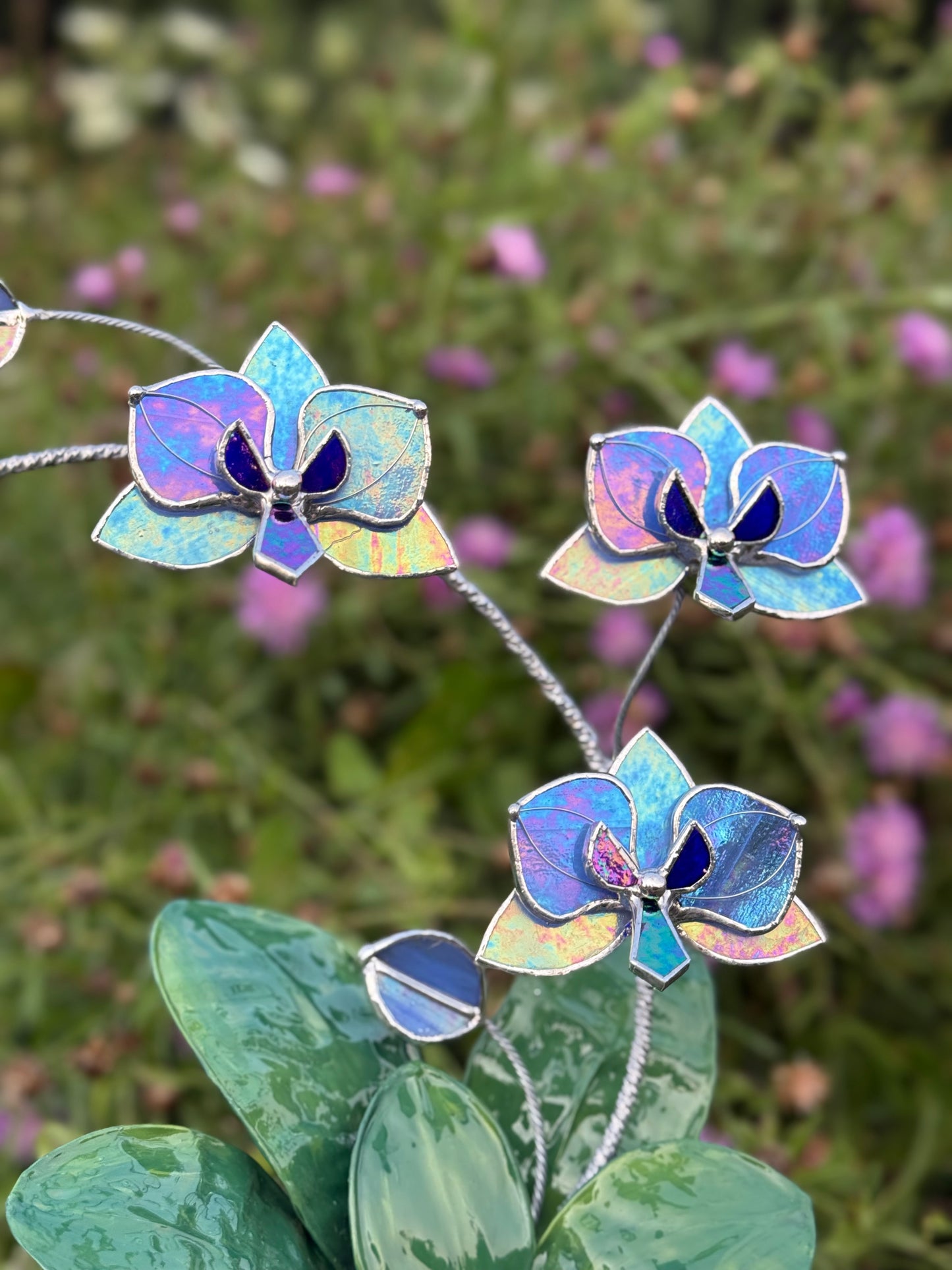 Orchid Lavender Blue Stained Glass WITH Hand Painted RESIN LEAVES, 3 Flowers, Botanical Table Decor