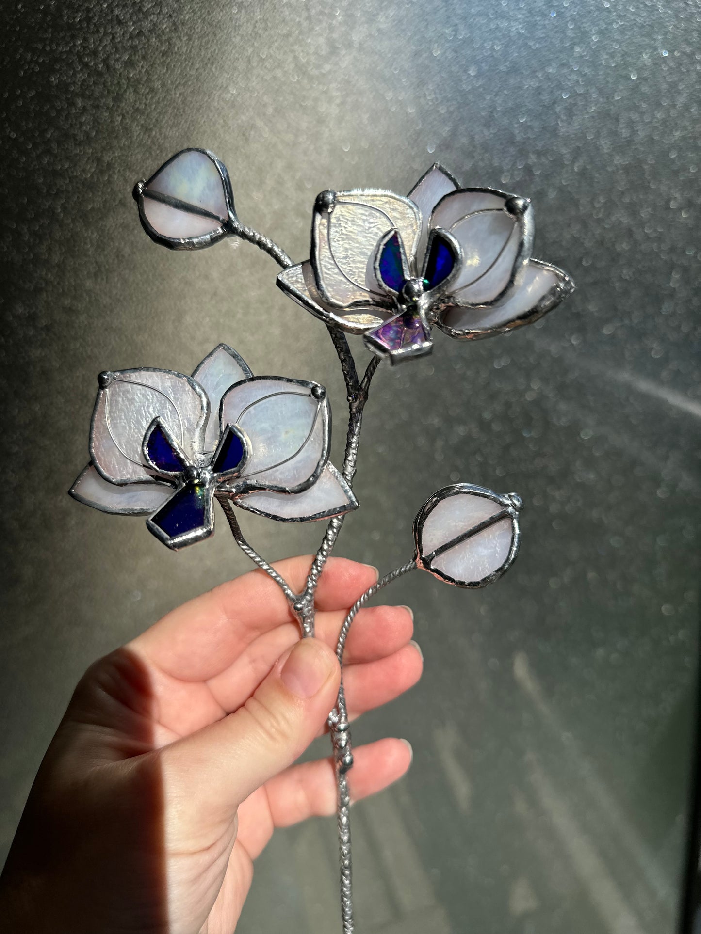 " . White pearl iridescent Orchid flower stick, Plant stake 2 flowers no pot” Stained glass tropical flower 3D, Sun catcher, Table plant, Garden stick, Outdoor and gardening decor