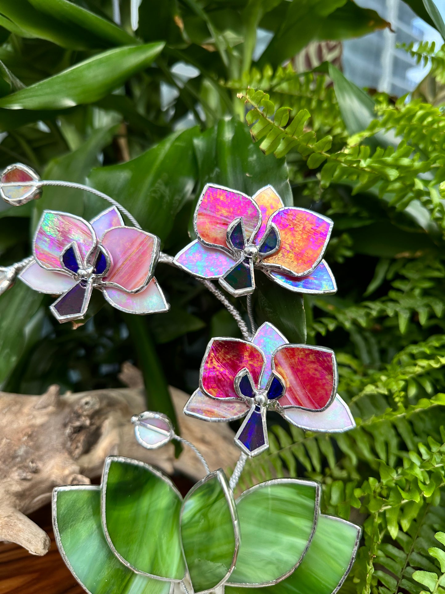 ". Peachy white iridescent Orchid 3 flowers with pot” Stained glass tropical flower 3D, Sun catcher, Table plant, Garden stick, Outdoor and gardening decor