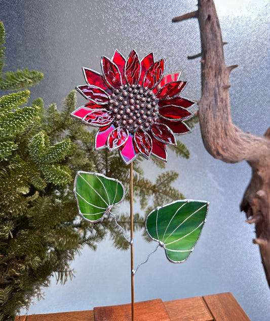 ".Ruby Red Sparcling Sunflower" Stained glass tropical flower 3D, Sun catcher, Table plant decor, Garden stake, wedding decor, Christmas gift