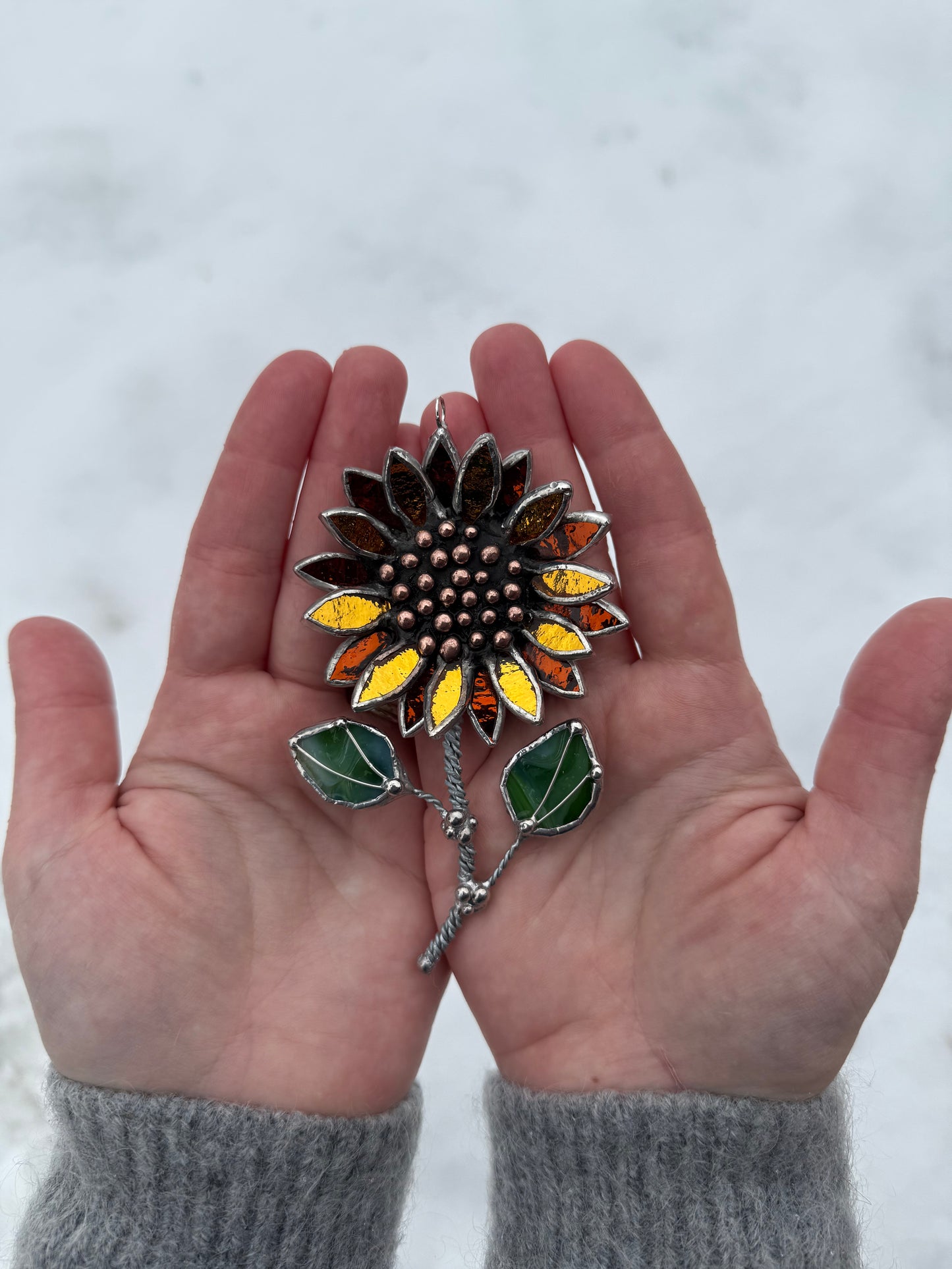 " . Sunflower Brooch Gold & Amber Silwercoat” Stained glass tropical flower 3D