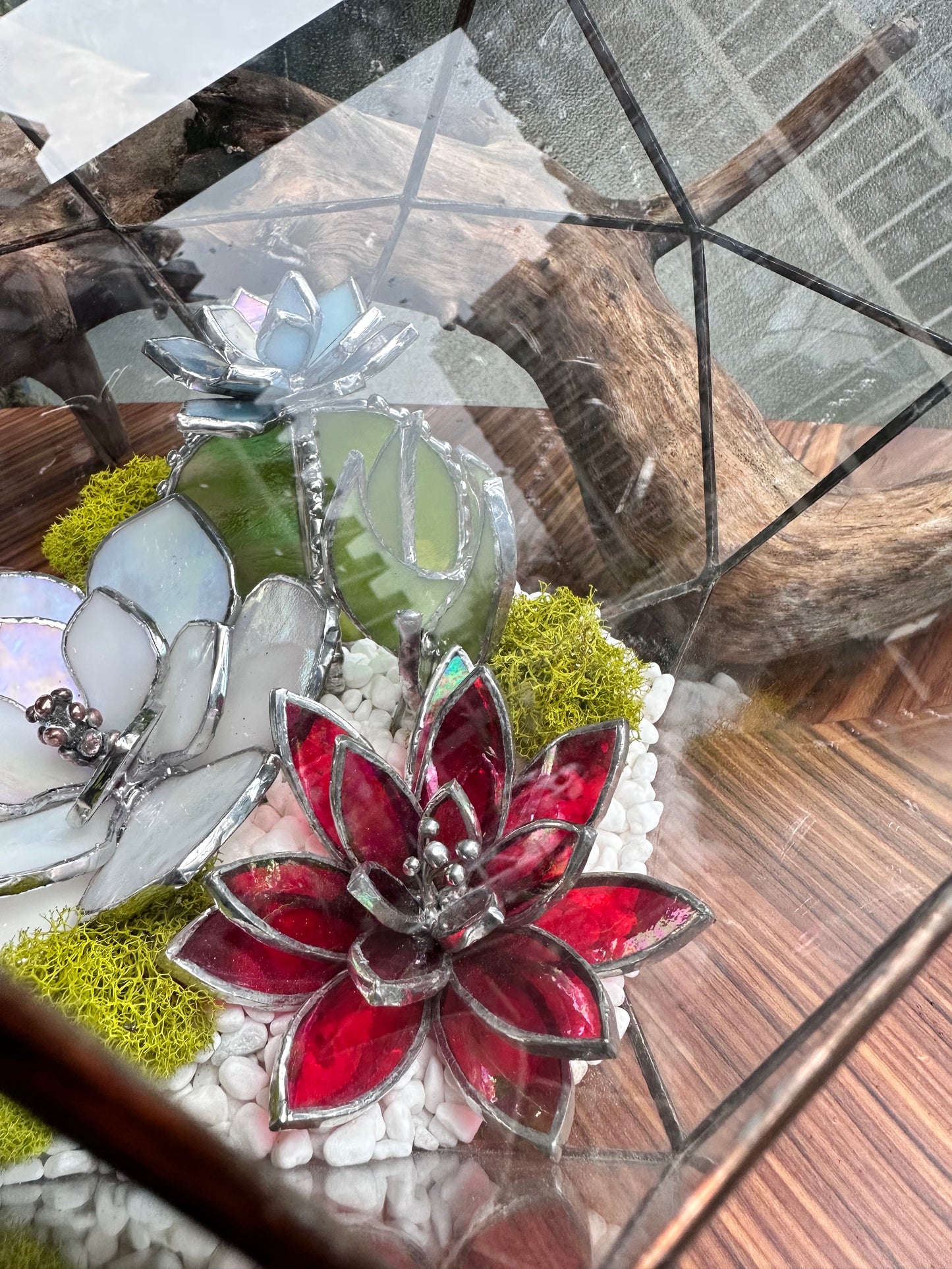 Geometric glass 3D terrarium with stained glass plants , Wedding glass decor, Mother’s Day  gift, glass art, sun catcher, succulents
