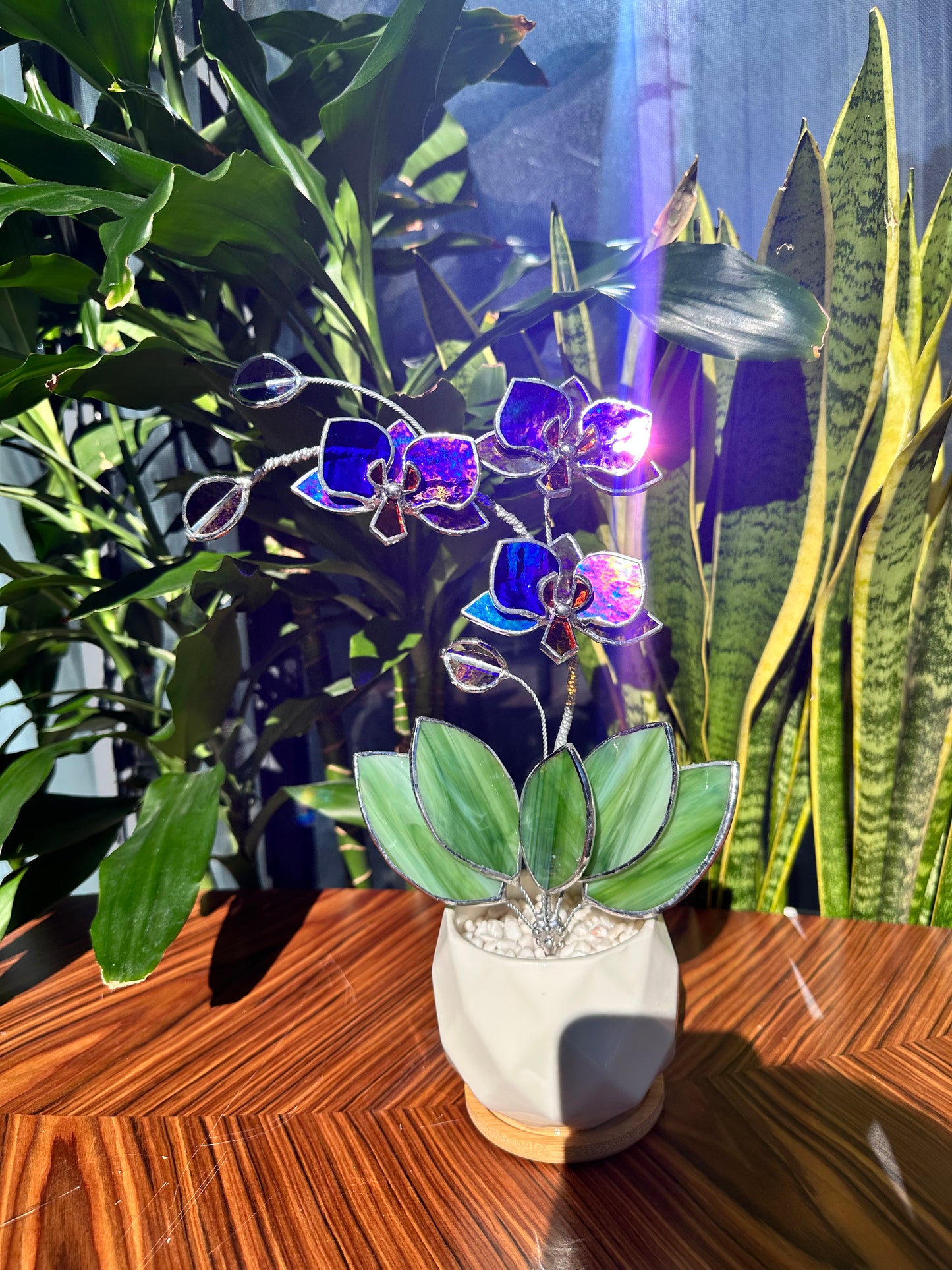 ". Amethyst luminescent Orchid 3 flowers with pot” Stained glass tropical flower 3D, Sun catcher, Table plant, Garden stick, Outdoor and gardening decor