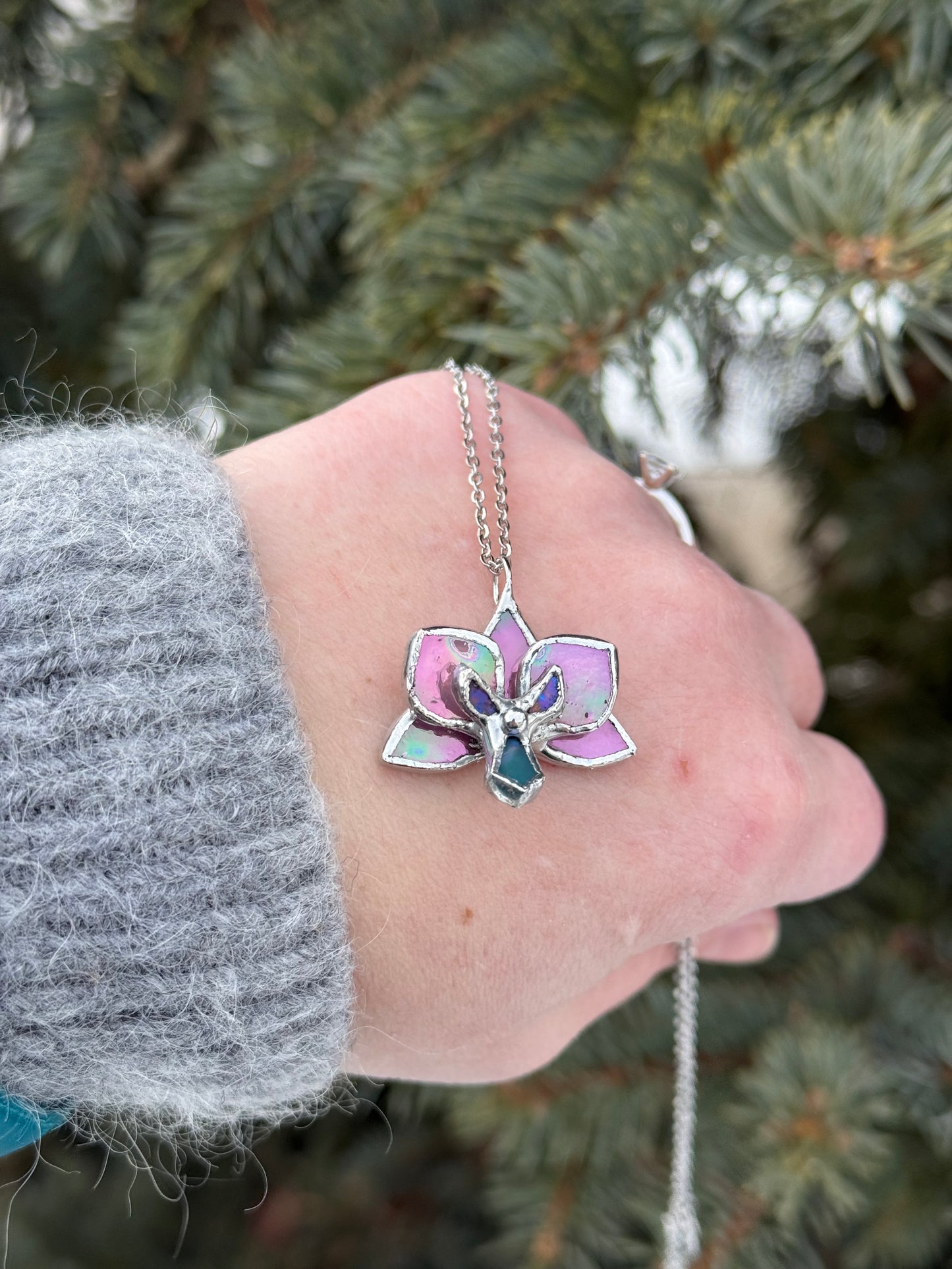 " . Necklace Orchid Candy Pink iridescent Necklace” Stained glass tropical flower 3D, art jewelry