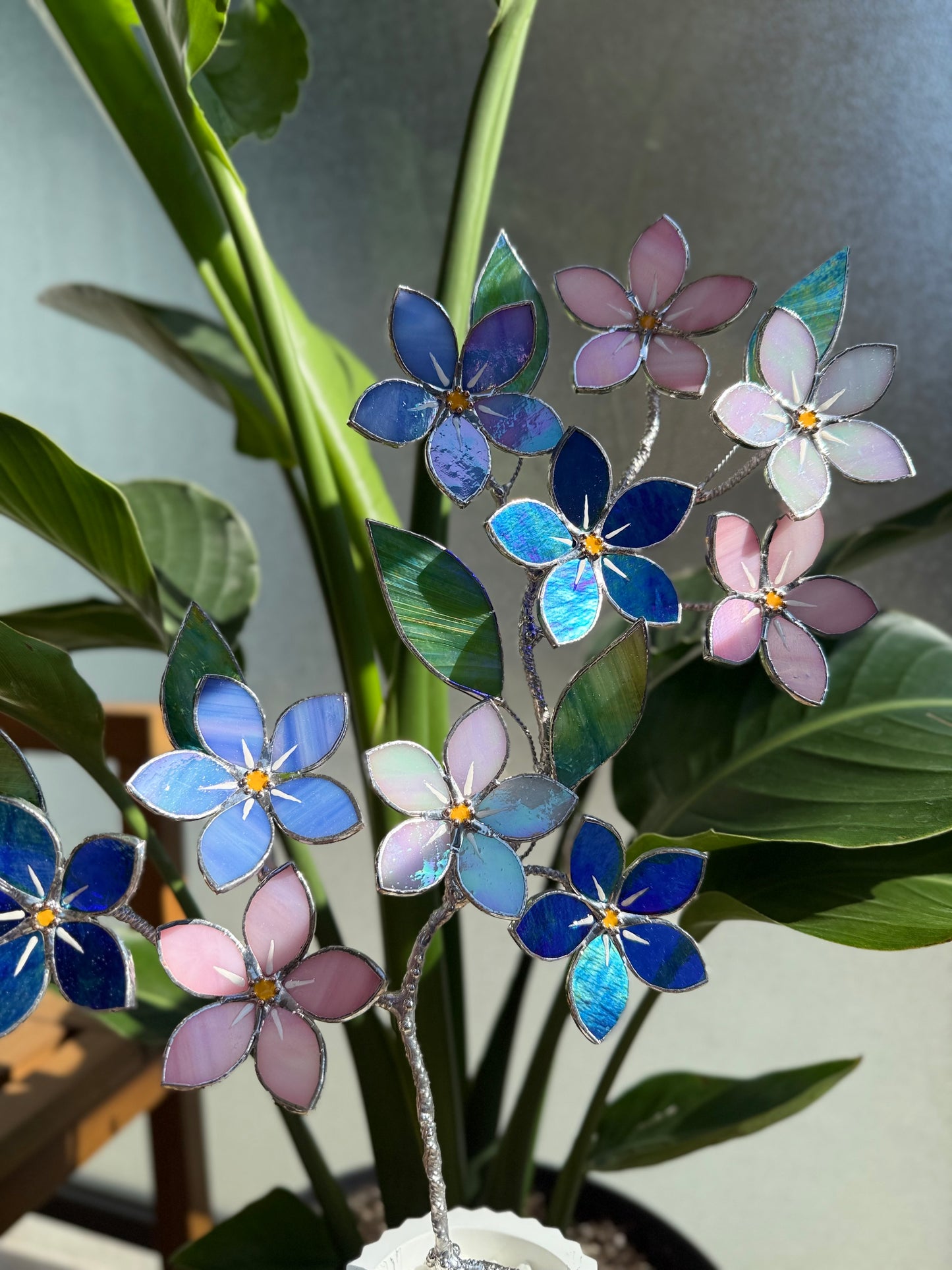 FORGET ME NOT Brunch 10 flowers in a pot, Stained glass Handcrafted Floral Home Decor