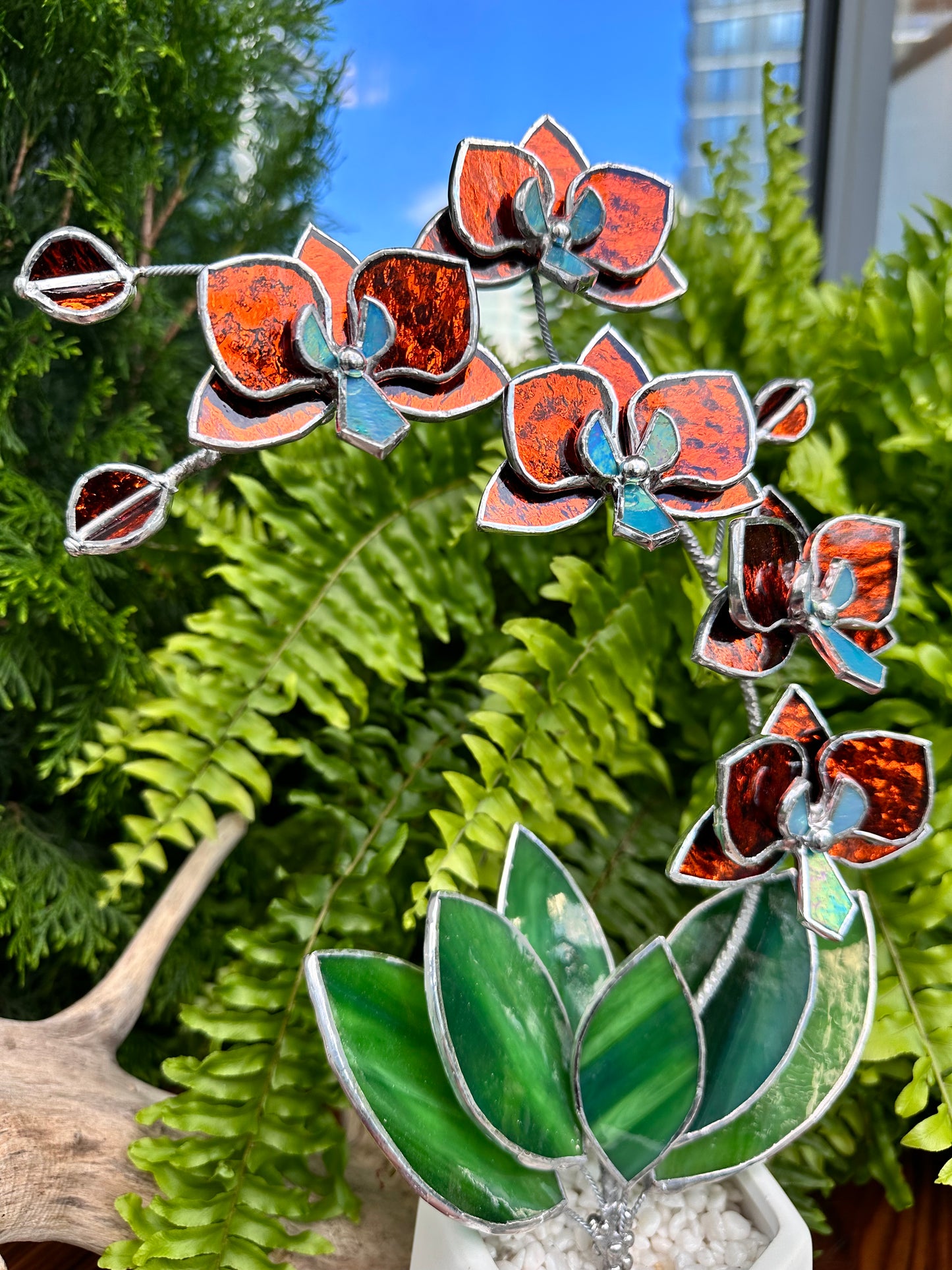 ". Amber silvercoat Orchid 5 flowers with pot" Stained glass tropical flower 3D, Sun catcher, Table plant, Garden stick, wedding decor, Christmas gift