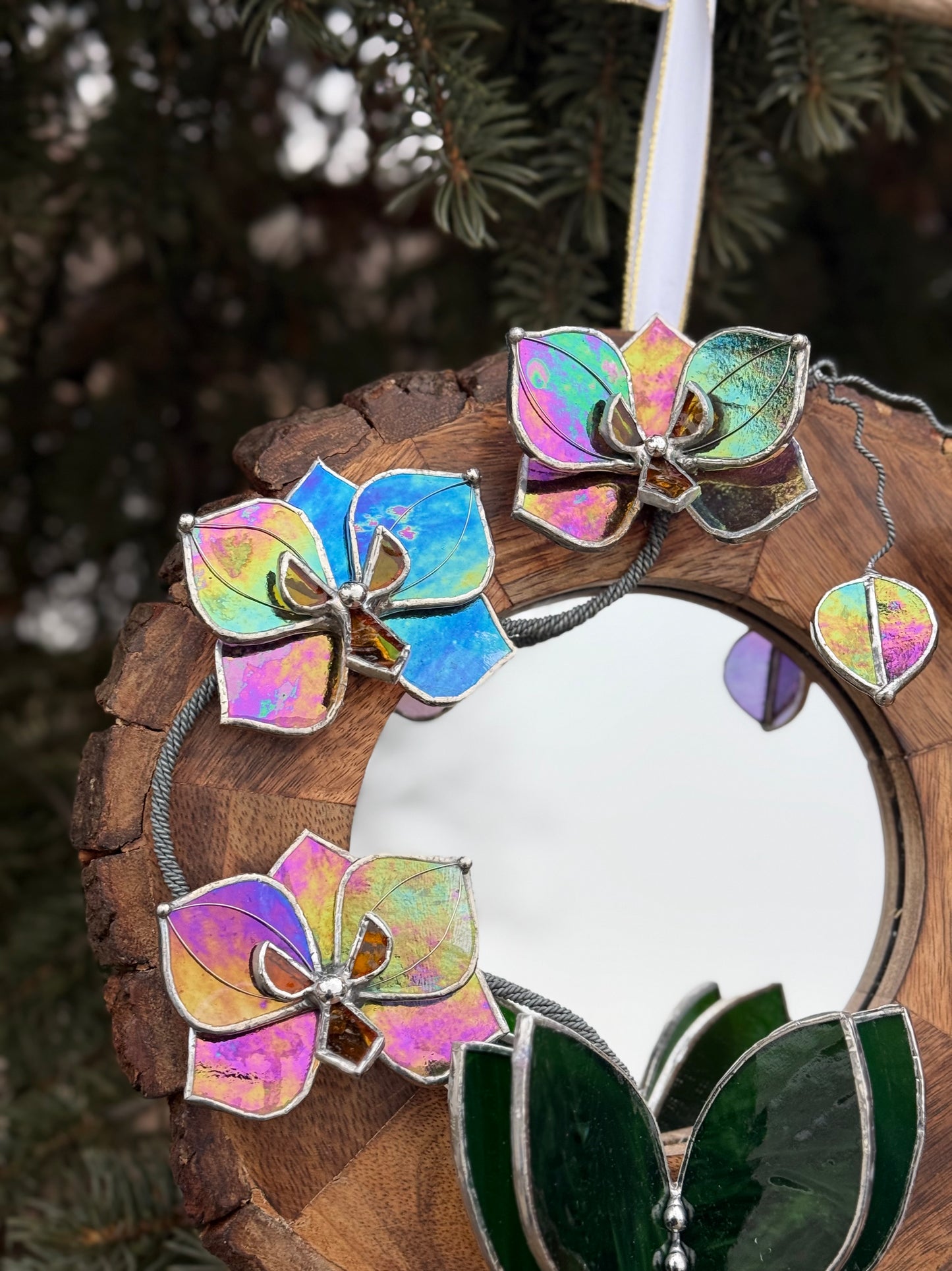 " . Iridescent Butterfly Orchid Mirror”, Stained glass flower Wall decor, Suncatcher, Home wedding Decor, Christmas gift
