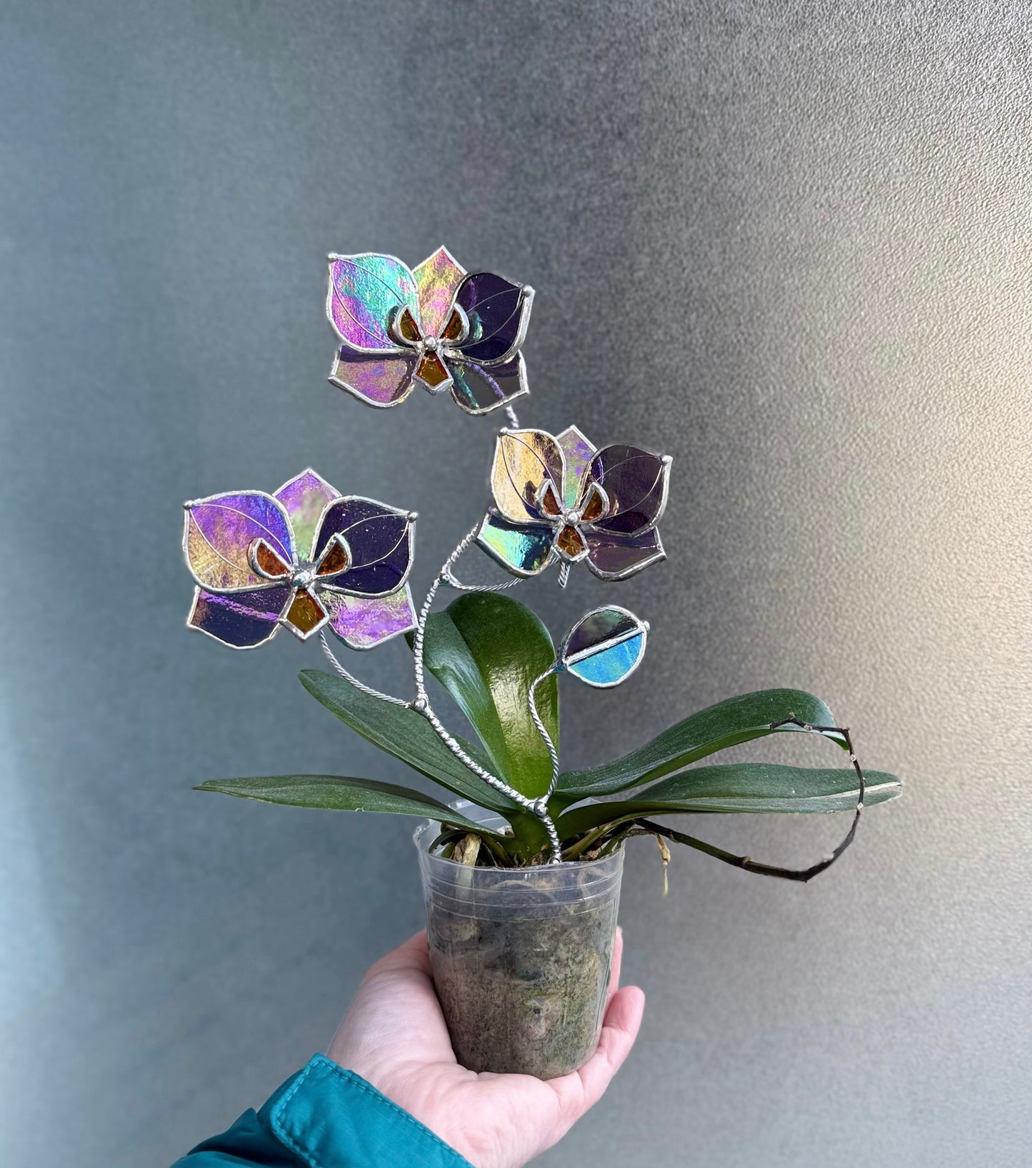" . Butterfly orchid Purple transparent irid flower stick, Plant stake 3 flowers no pot” Stained glass flower, Table plant, Garden stick