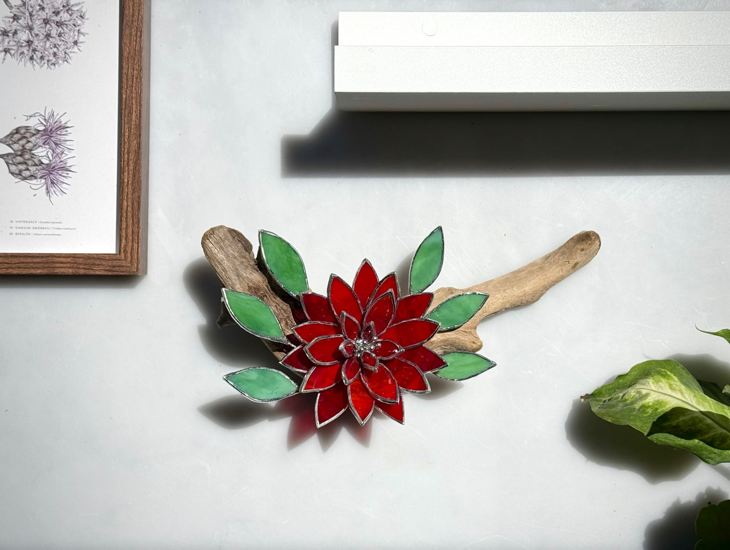 .Fire Flower Stained Glass Driftwood Wall Decor Suncatcher