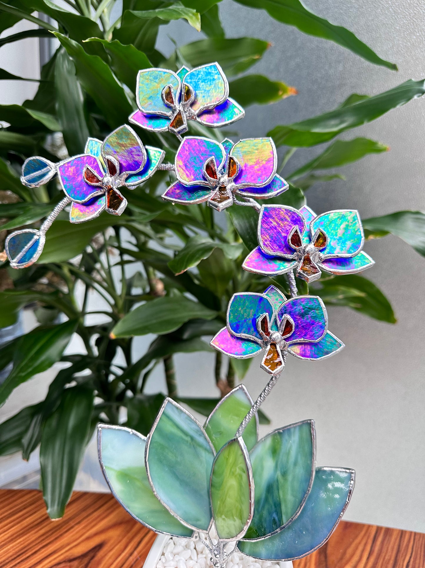 " .Indigo iridescent Orchid 5 flowers with pot" Stained glass tropical flower 3D, Sun catcher, Table plant, Garden stick, wedding decor, Christmas gift