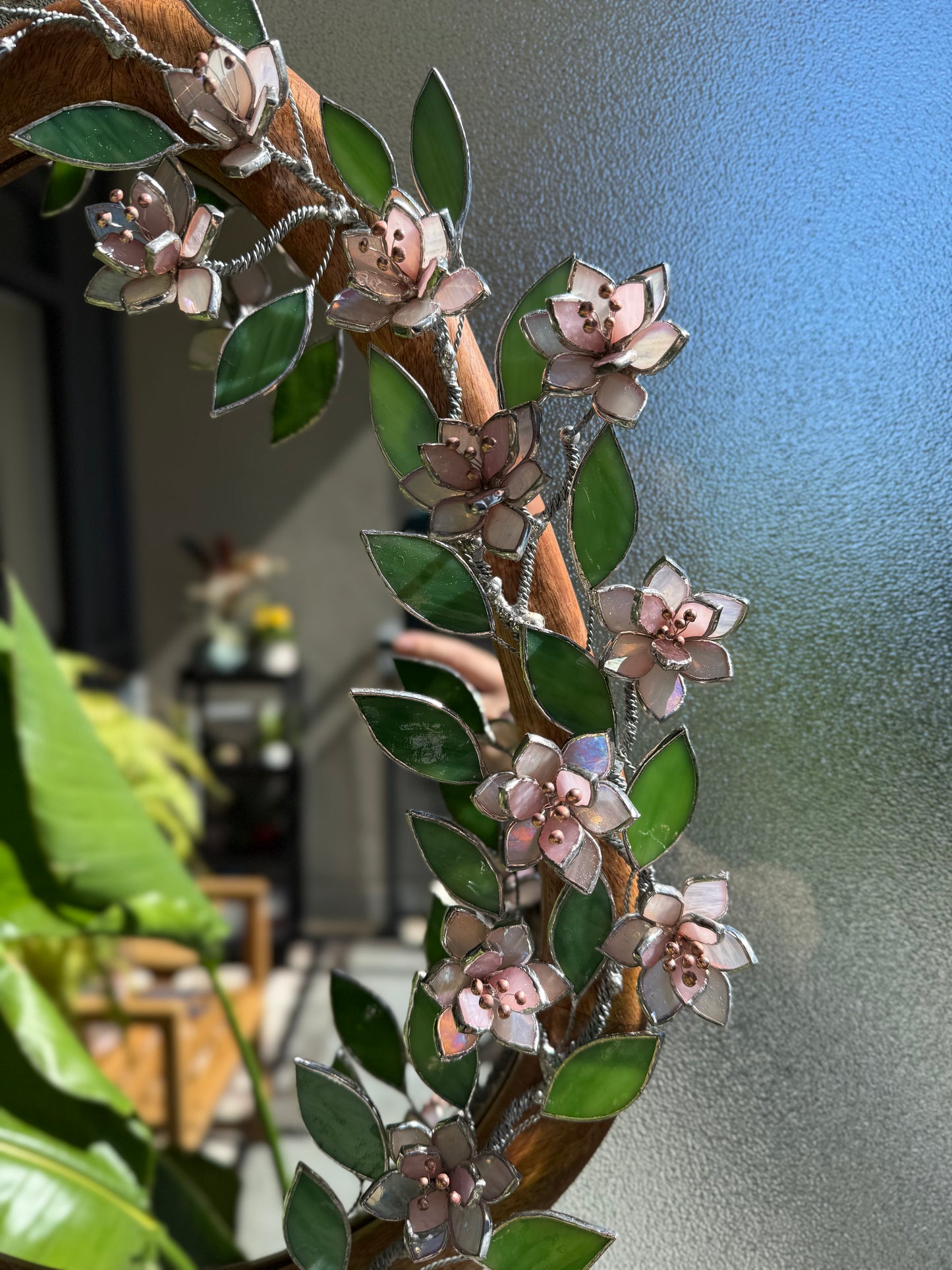 .Pink Sakura Stained glass Wall Mirror, 3D Botanical Floral Art ready new