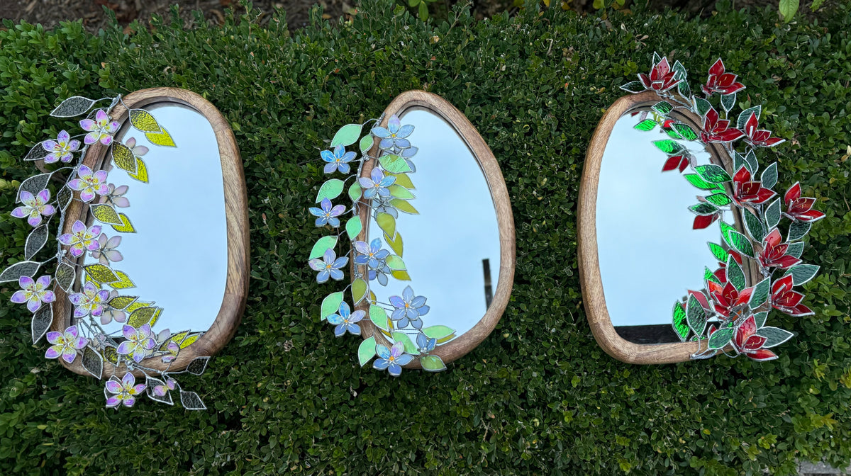 Flower Mirrors Set of 3, Stained glass Flower Mirror, 3D Botanical Floral Wall Art ready new