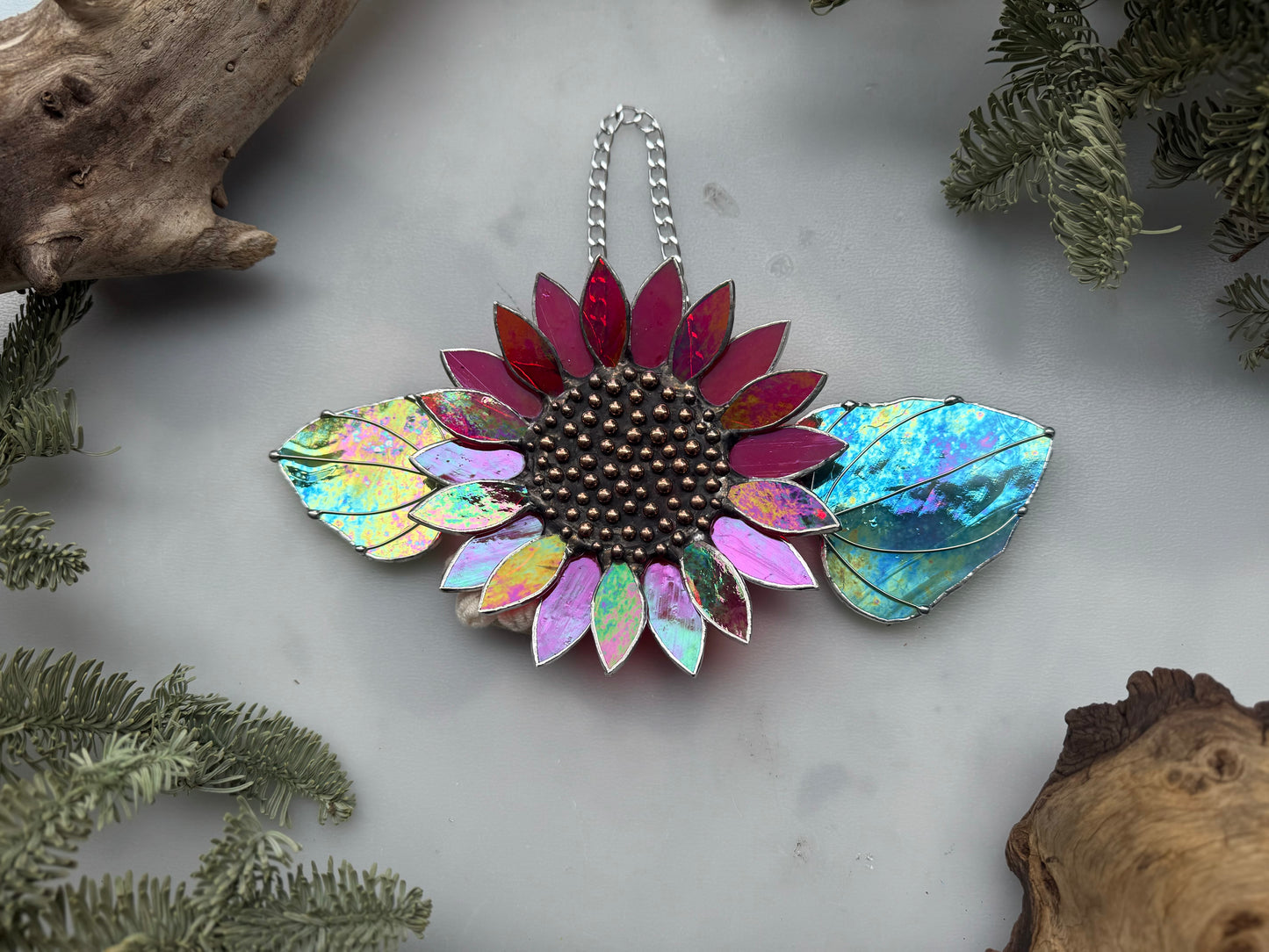 Sunflower Ruby Red, Stained Glass Suncatcher, Wall Art Decor ready