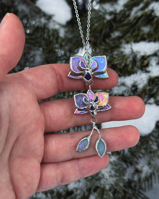 " . Necklace Orchid 2 flowers with buds Beige iridescent” Stained glass tropical flower 3D, art jewelry