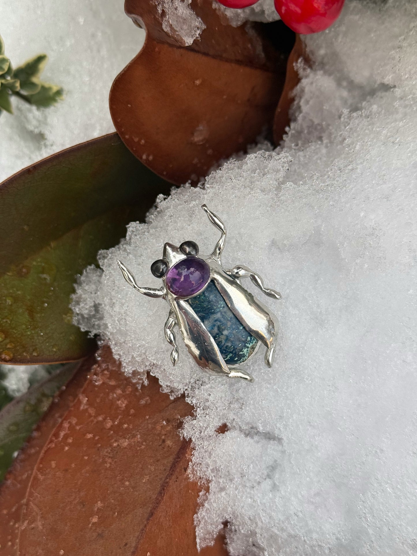 "  . Bug Necklace or Brooch with semi-precious stones and fused glass, art jewelry pendant 3D wedding jewelry Mother’s Day gift