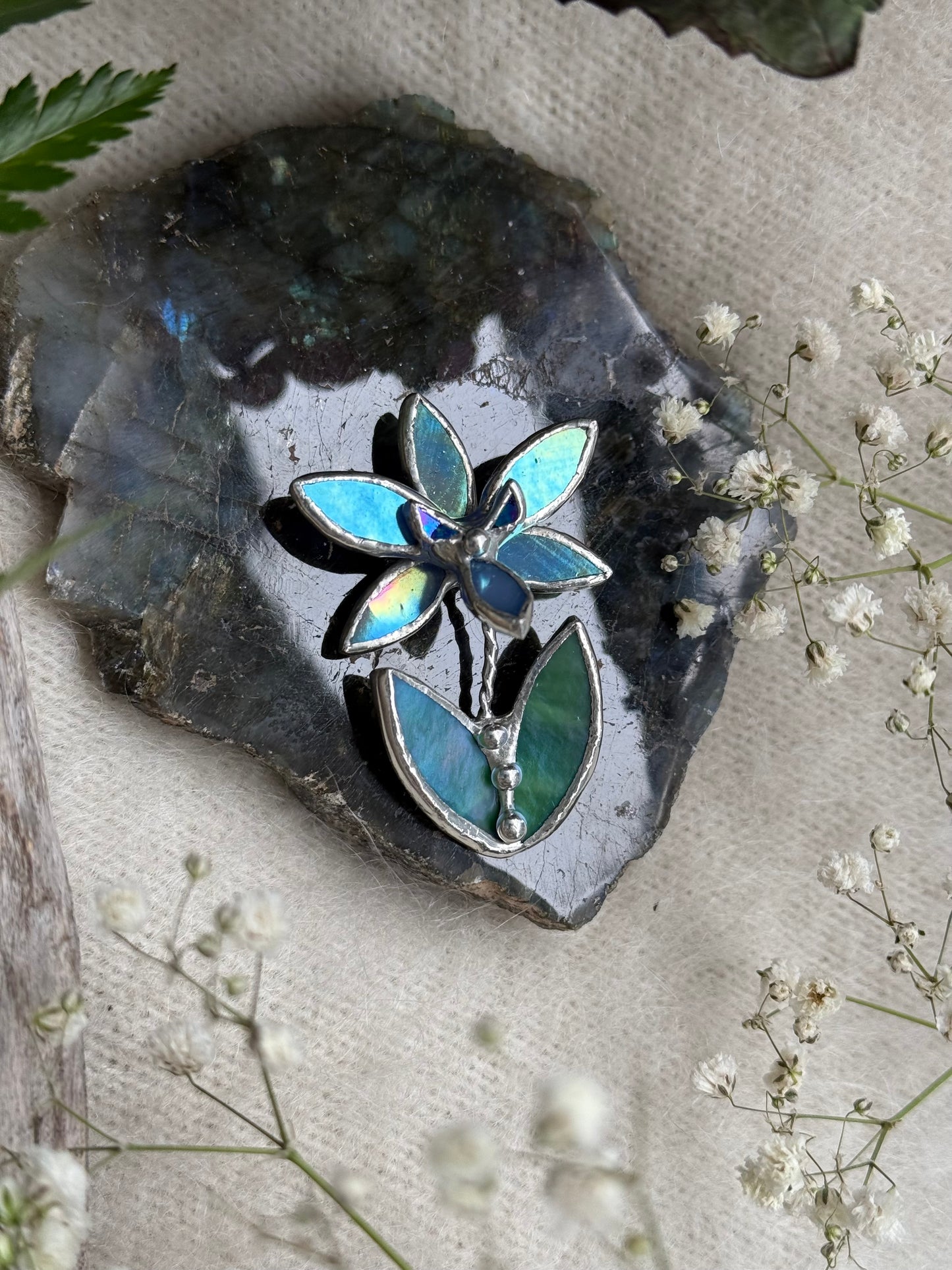 Orchid Blue lumi Brooch Stained Glass Floral Pin, Modern Art Jewelry statement ready new