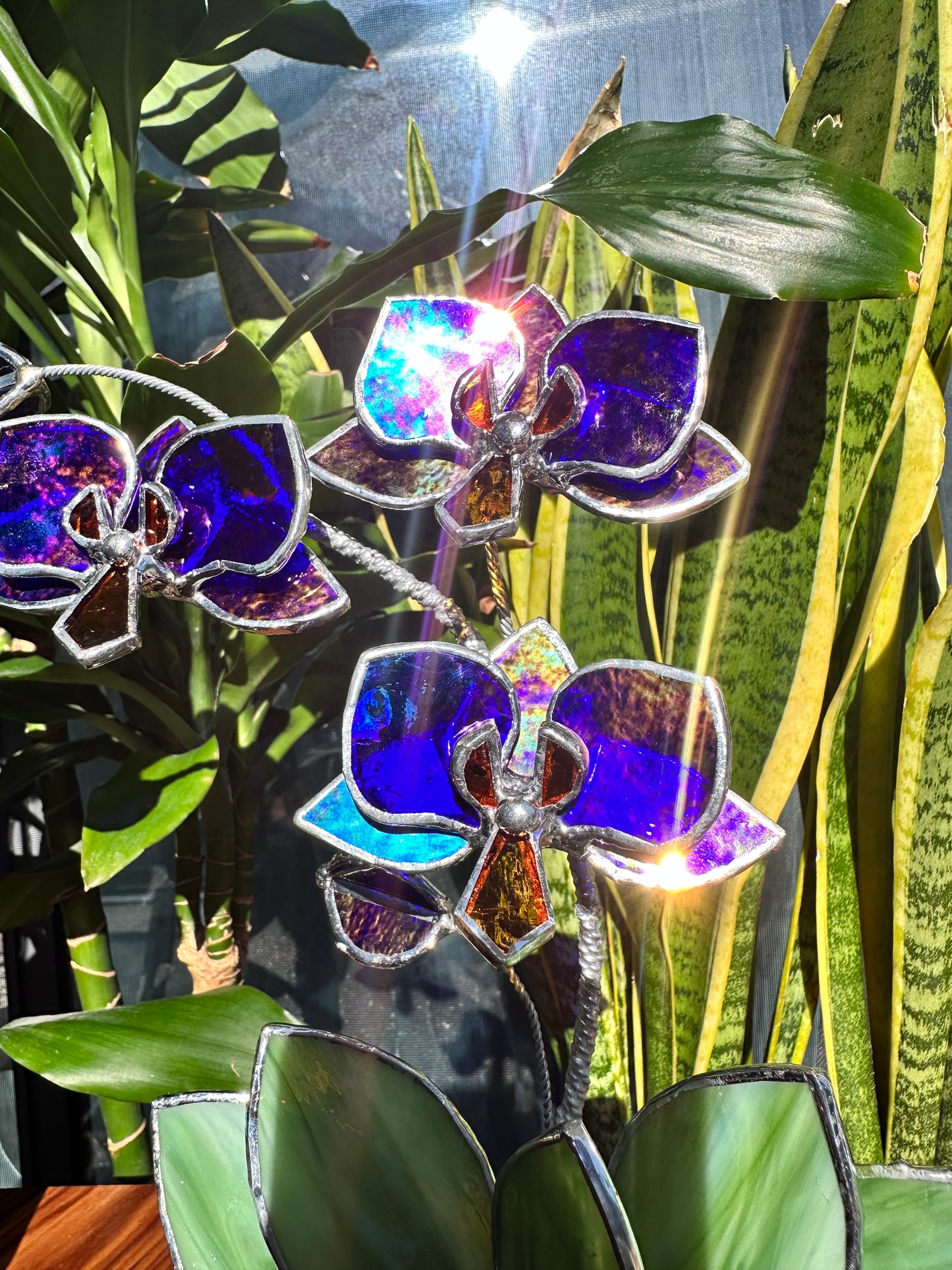 ". Amethyst luminescent Orchid 3 flowers with pot” Stained glass tropical flower 3D, Sun catcher, Table plant, Garden stick, Outdoor and gardening decor