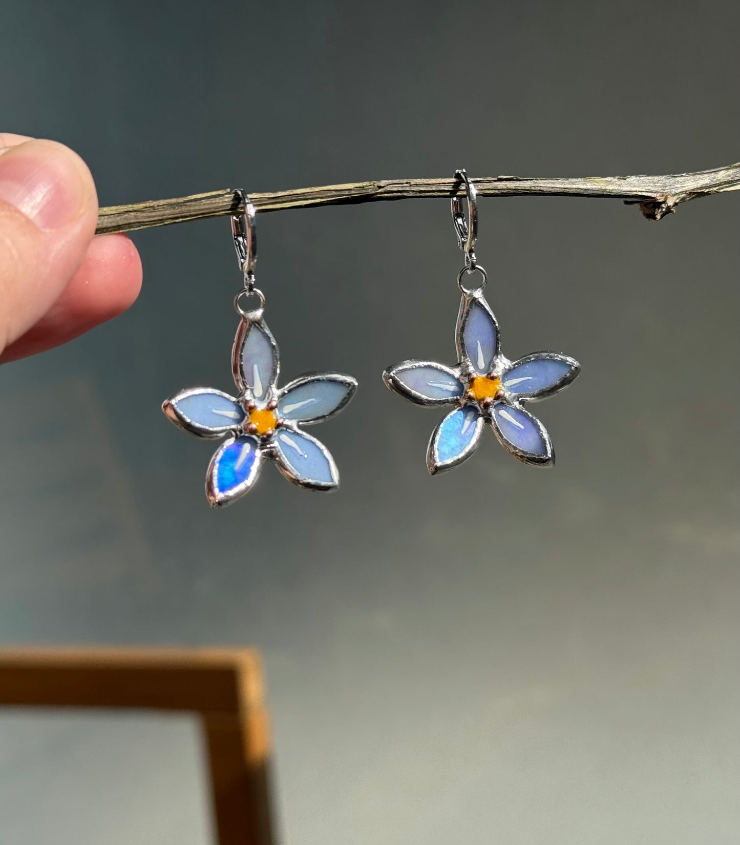 Forget Me Not Earrings Sky Blue Iridescent Handcrafted Stained glass Botanical Art Jewelry